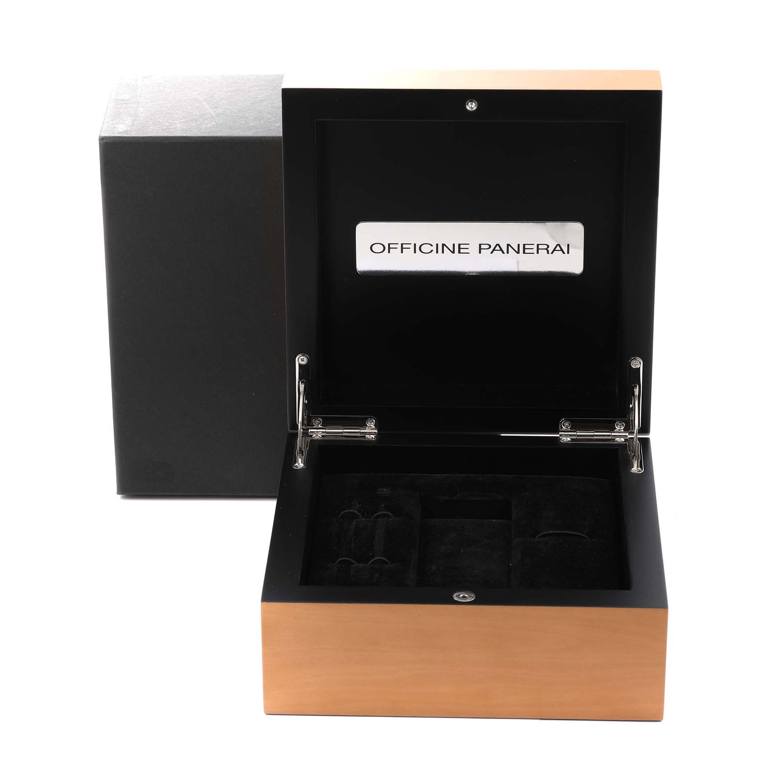 This image shows an open presentation box for the Panerai Luminor PAM00523 Men
s Stainless Steel White Dial PAM00523 Men
s Stainless Steel White Dial watch, displaying compartments for accessories.