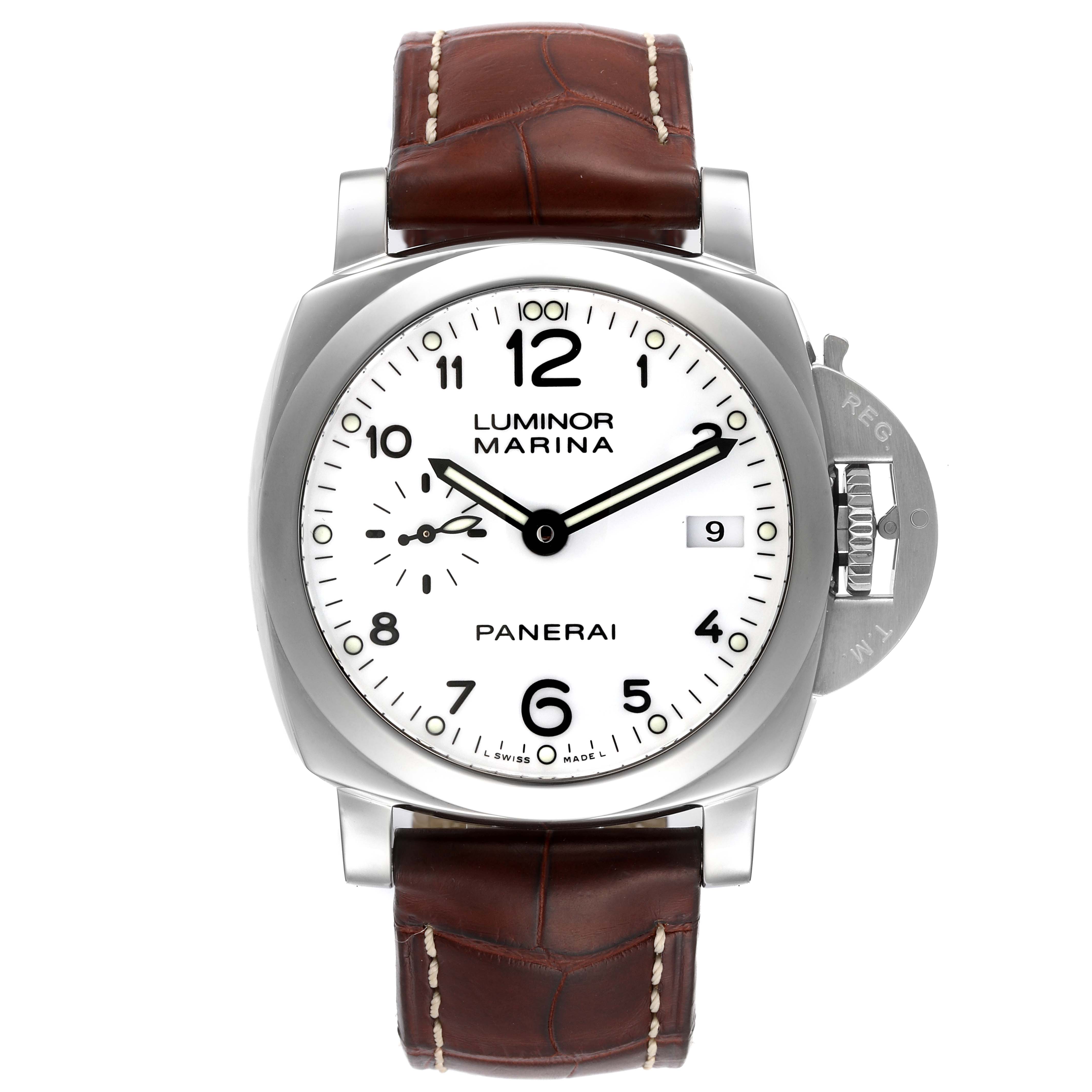 The image shows a frontal view of a Panerai Luminor PAM00523 Men
s Stainless Steel White Dial PAM00523 Men
s Stainless Steel White Dial watch with a white dial, brown leather strap, and signature crown guard.