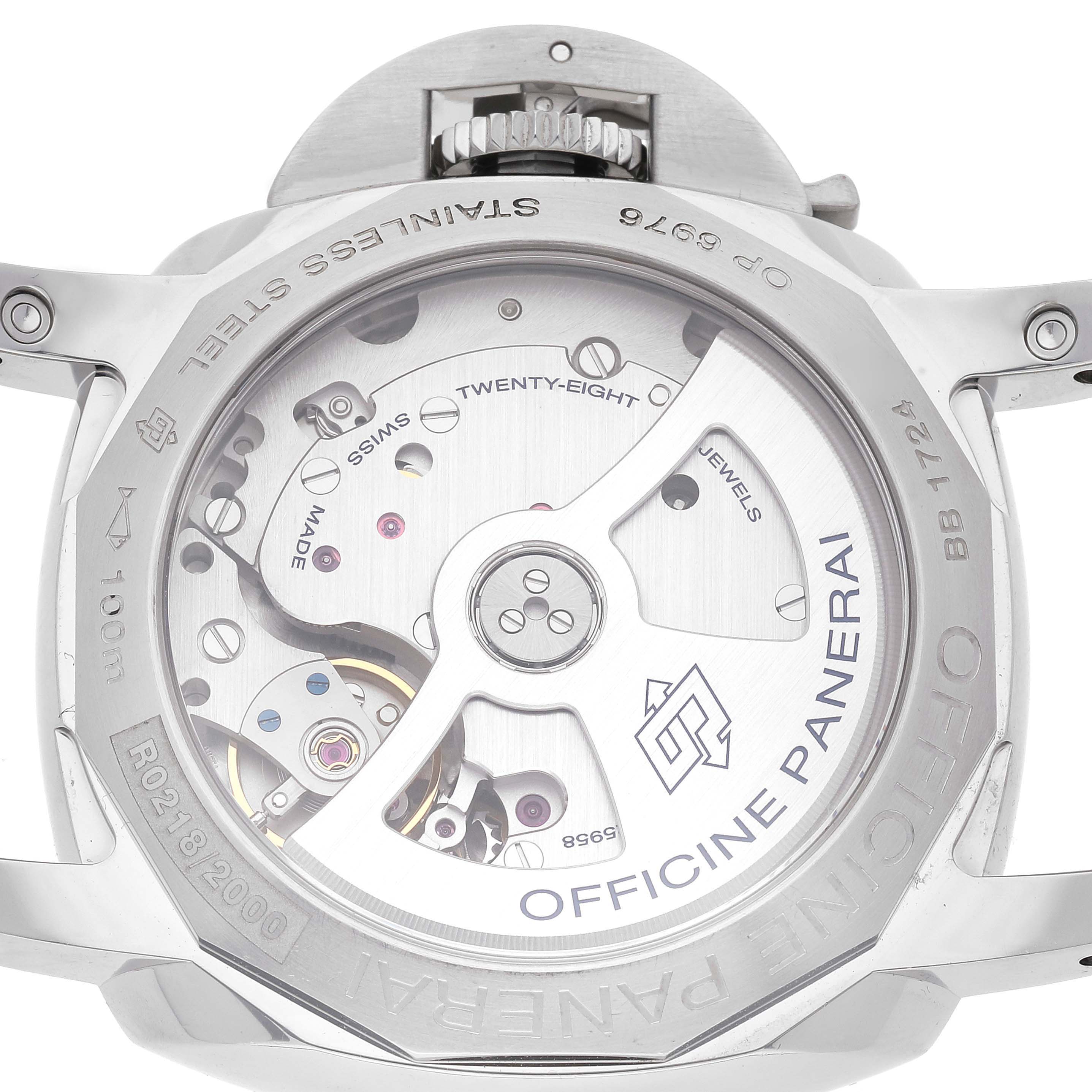 This image shows the back view of the Panerai Luminor PAM00523 Men
s Stainless Steel White Dial PAM00523 Men
s Stainless Steel White Dial watch, revealing its inner mechanism and markings.