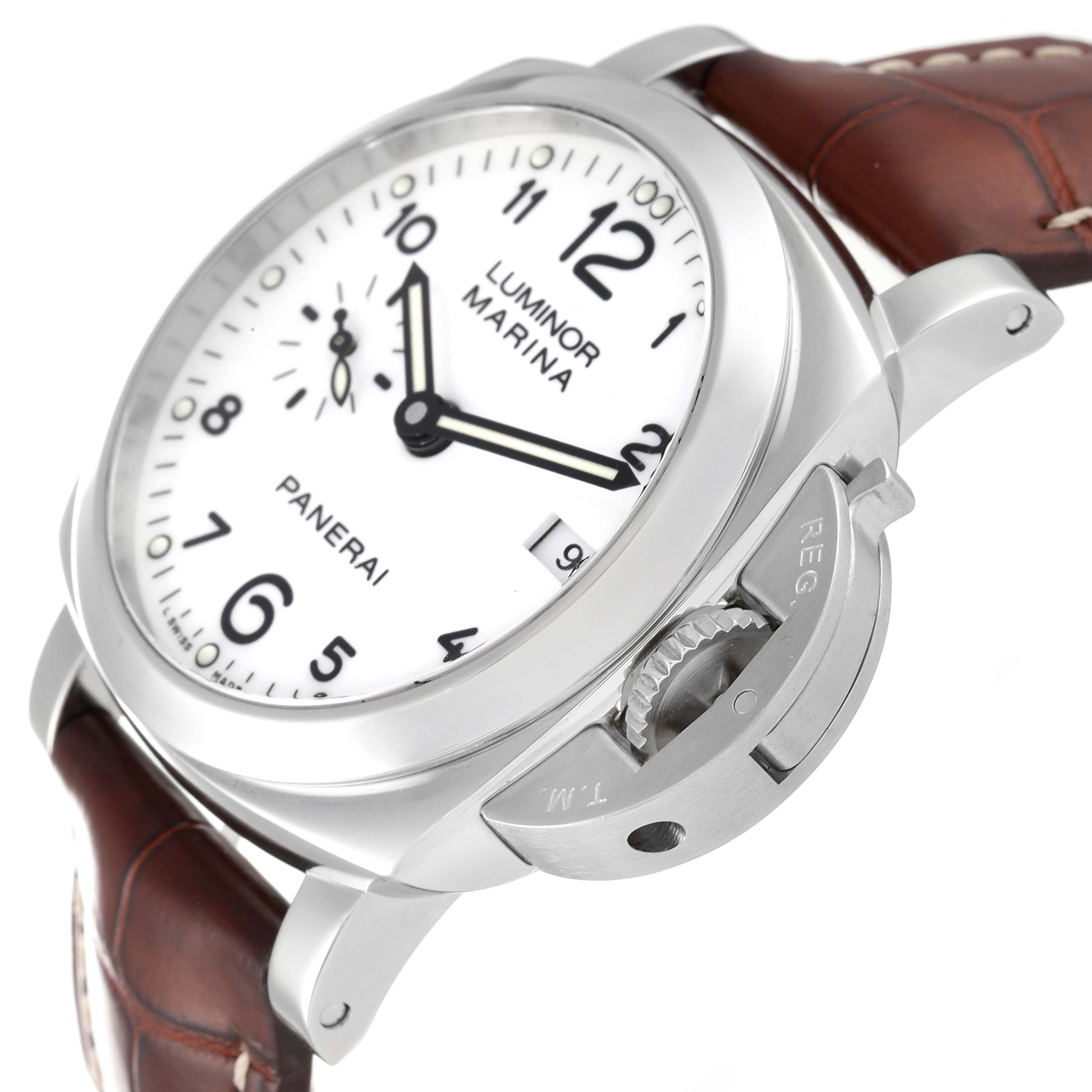 The image shows a side angle of a Panerai Luminor PAM00523 Men
s Stainless Steel White Dial PAM00523 Men
s Stainless Steel White Dial Marina watch, highlighting the crown guard and leather strap.