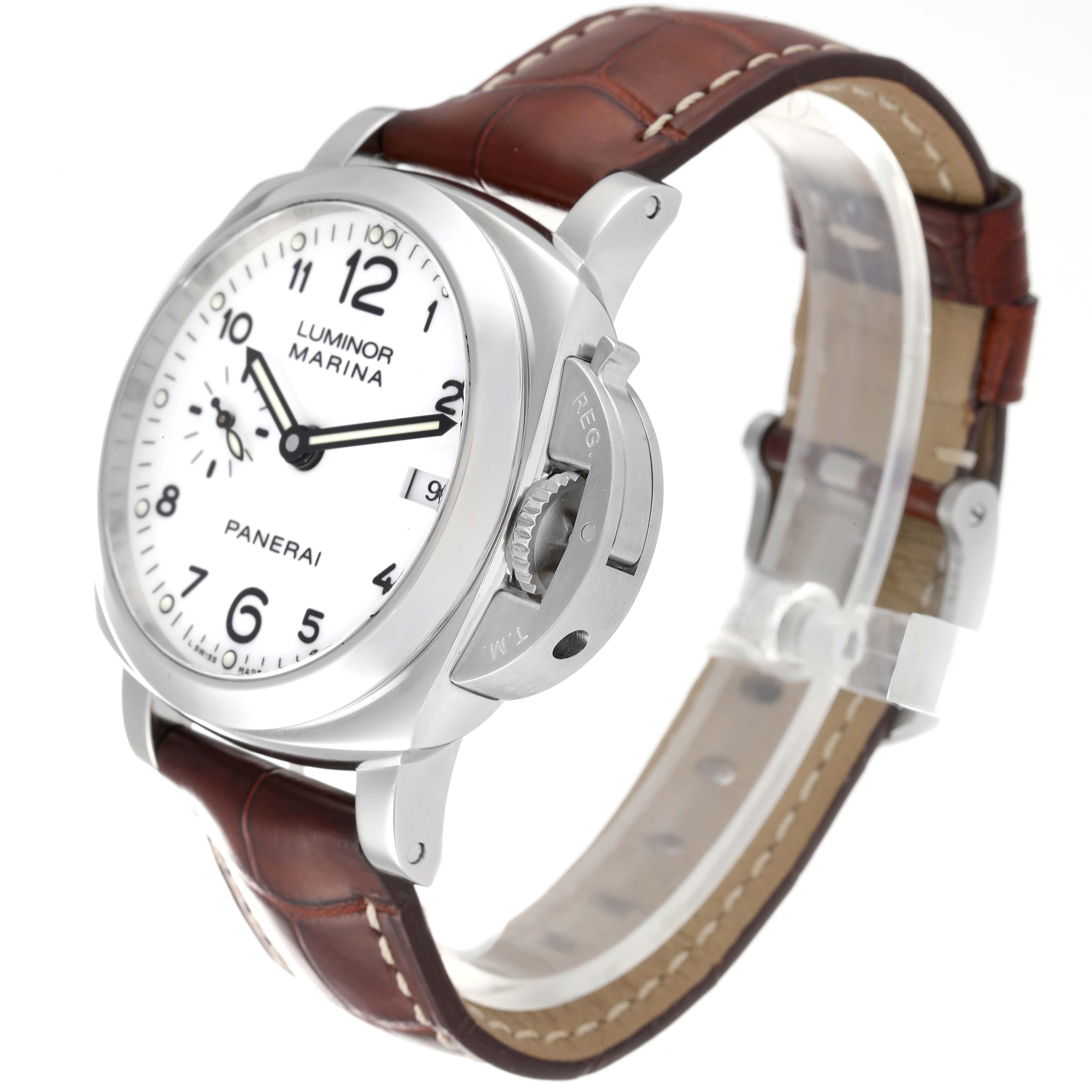 The image shows a side angle of a Panerai Luminor PAM00523 Men
s Stainless Steel White Dial PAM00523 Men
s Stainless Steel White Dial watch displaying the dial, crown guard, and brown leather strap.