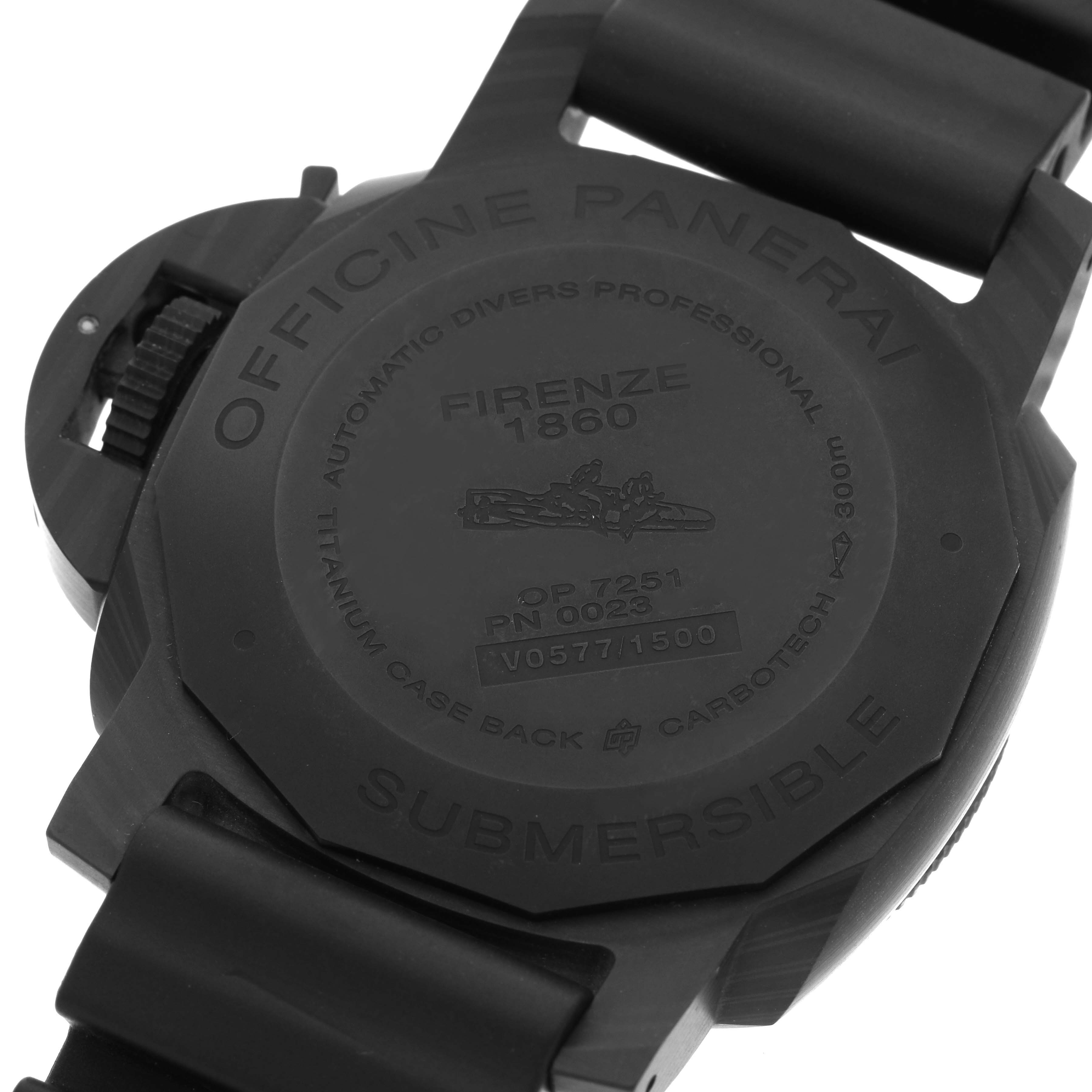 The image shows the back case of the Panerai Luminor, highlighting the engravings and strap attachment.