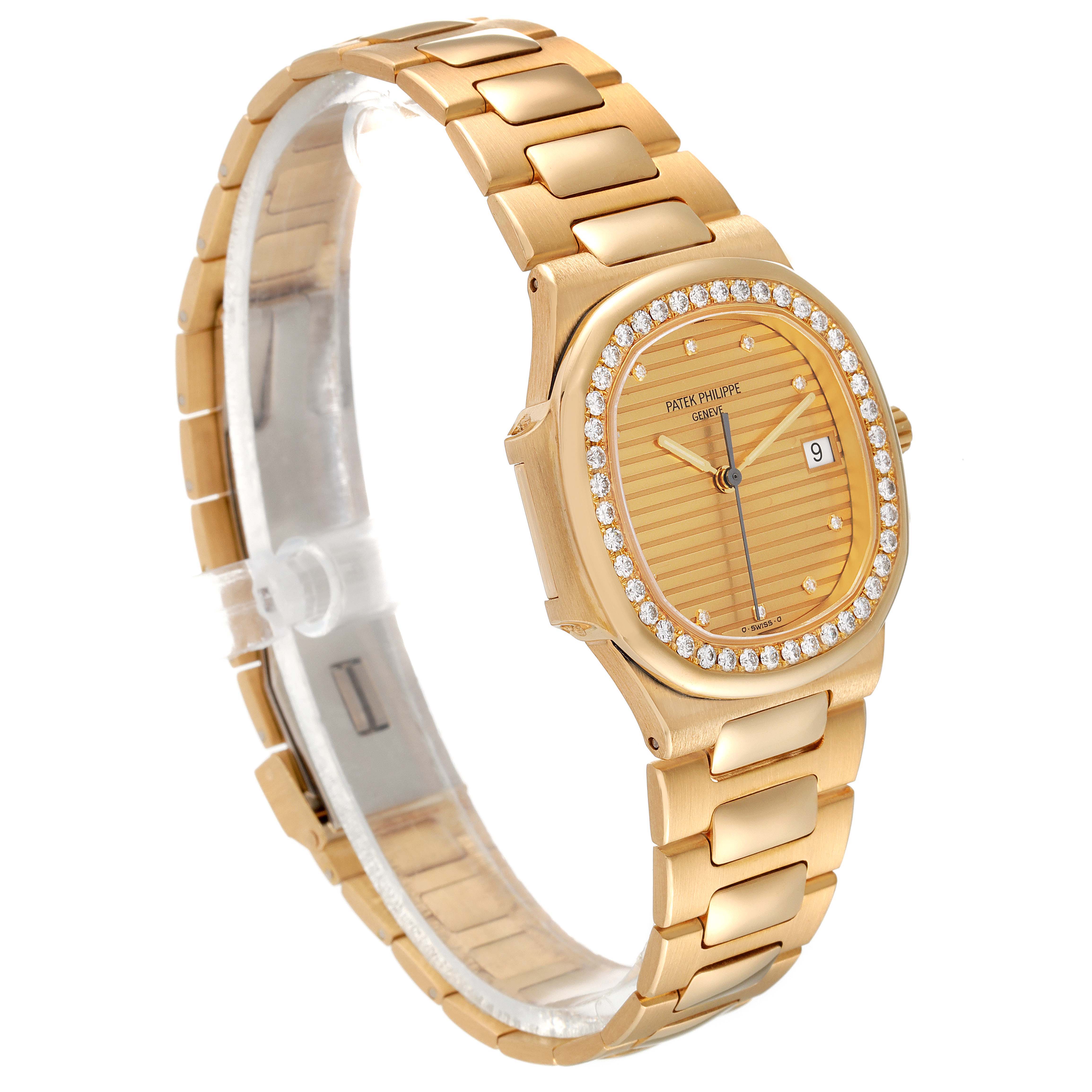 The Patek Philippe Nautilus 3900/003 Women's Yellow Gold Champagne Dial 3900/003 Women's Yellow Gold Champagne Dial watch is shown at a three-quarter view, showcasing the face, bezel, and bracelet.