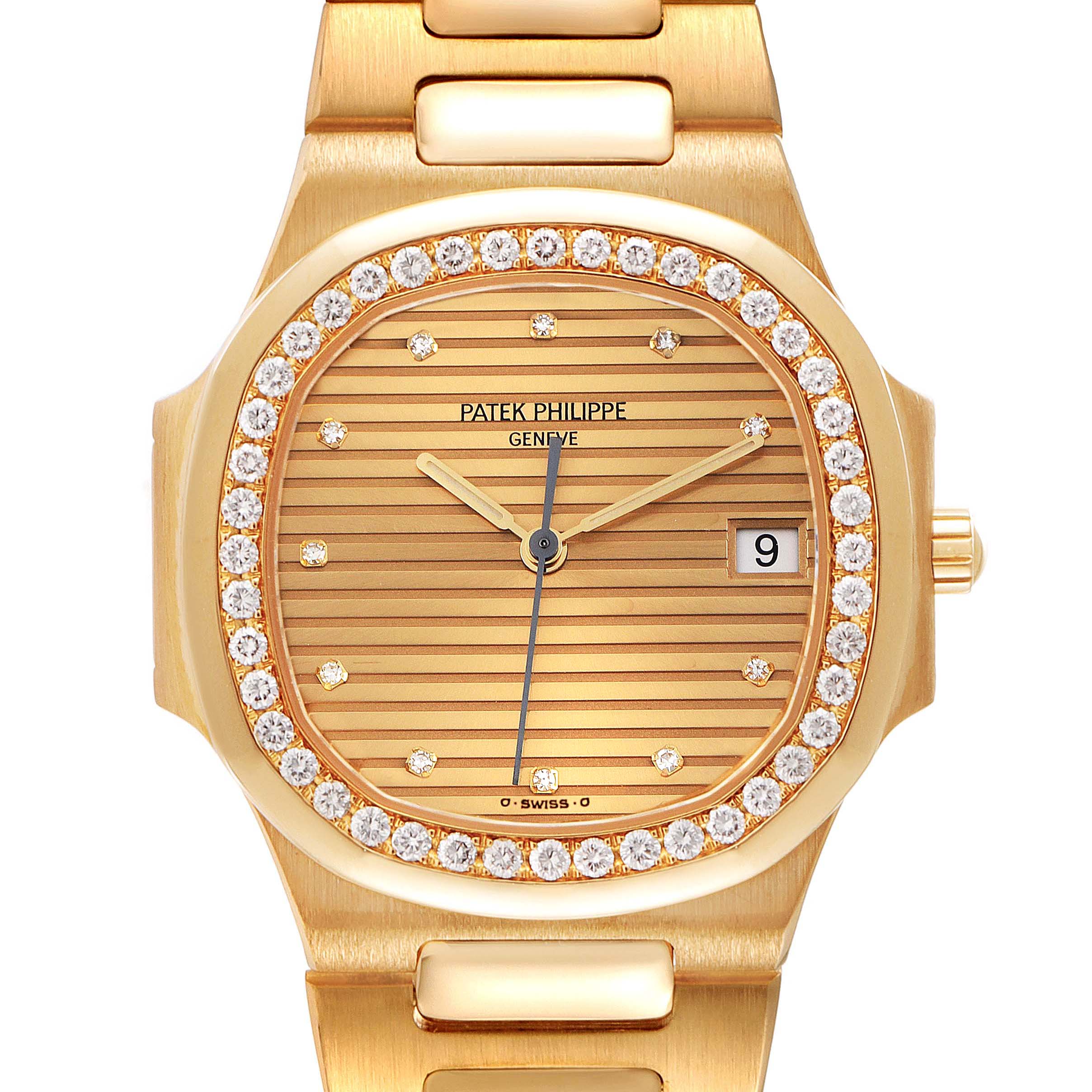 This is a front view of the Patek Philippe Nautilus 3900/003 Women's Yellow Gold Champagne Dial 3900/003 Women's Yellow Gold Champagne Dial watch, showcasing the dial, bezel with diamonds, and part of the bracelet.