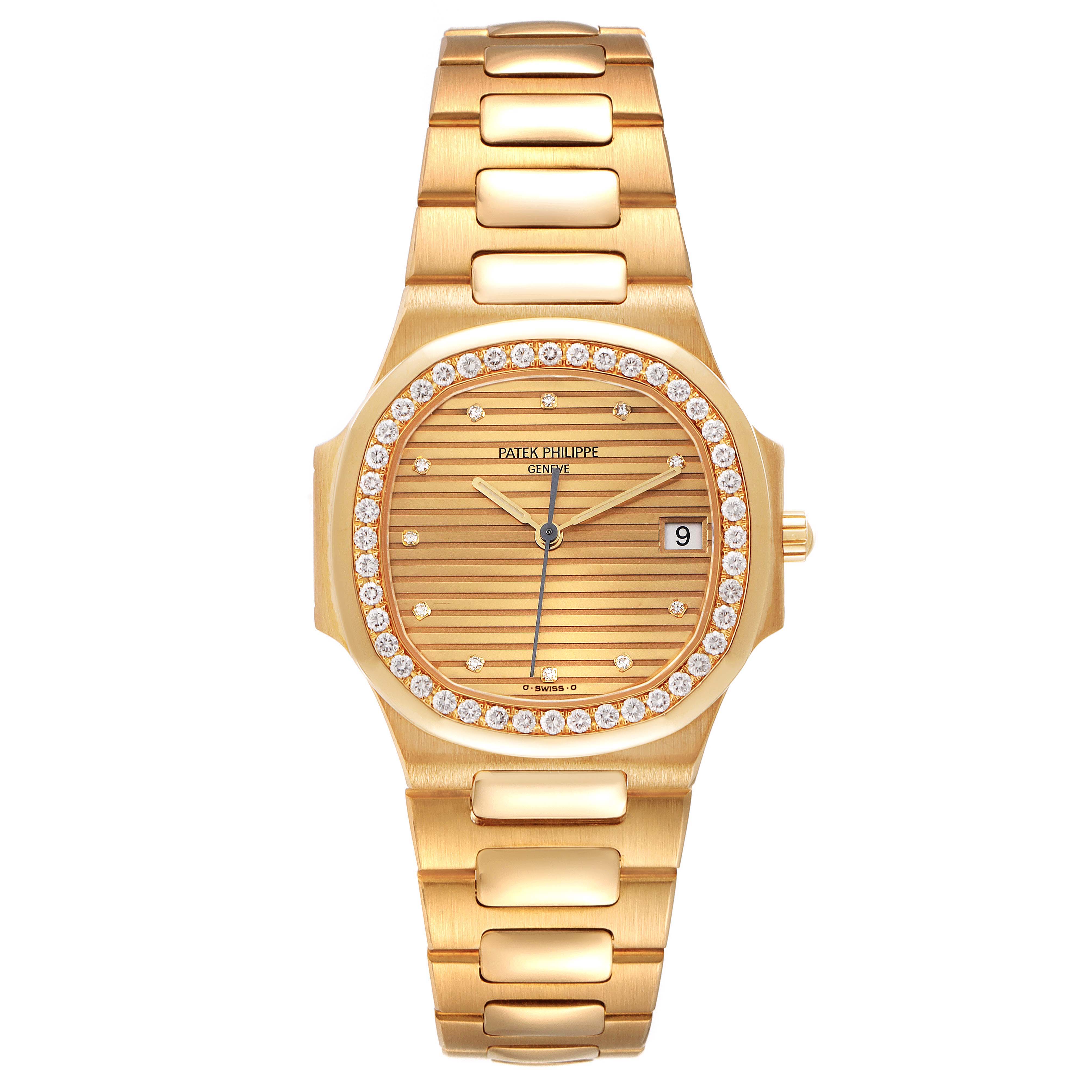 The image shows a front view of a Patek Philippe Nautilus 3900/003 Women's Yellow Gold Champagne Dial 3900/003 Women's Yellow Gold Champagne Dial watch, featuring a gold case and band with a diamond-set bezel.