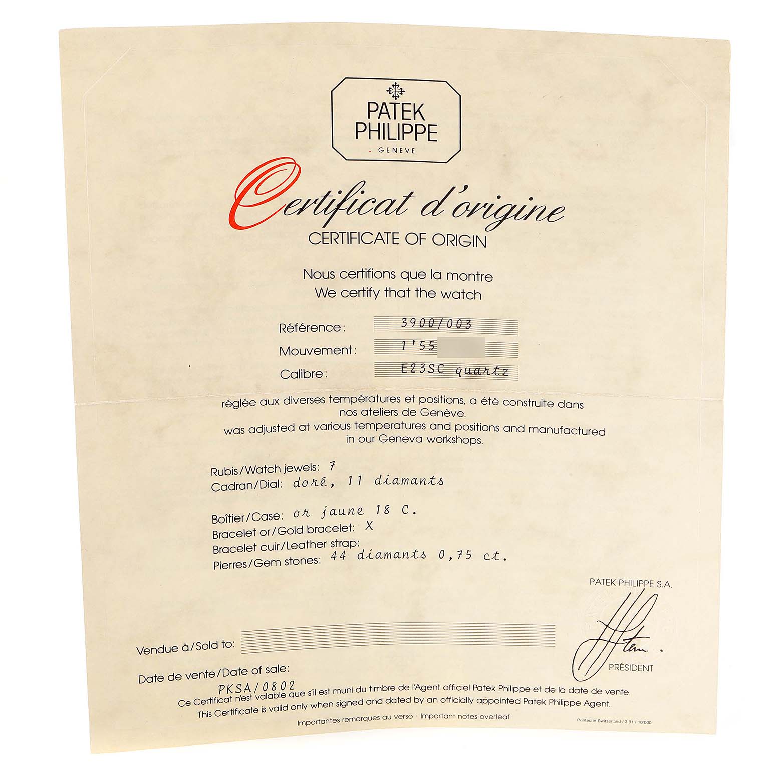 This image shows the Certificate of Origin for a Patek Philippe Nautilus 3900/003 Women's Yellow Gold Champagne Dial 3900/003 Women's Yellow Gold Champagne Dial model watch.