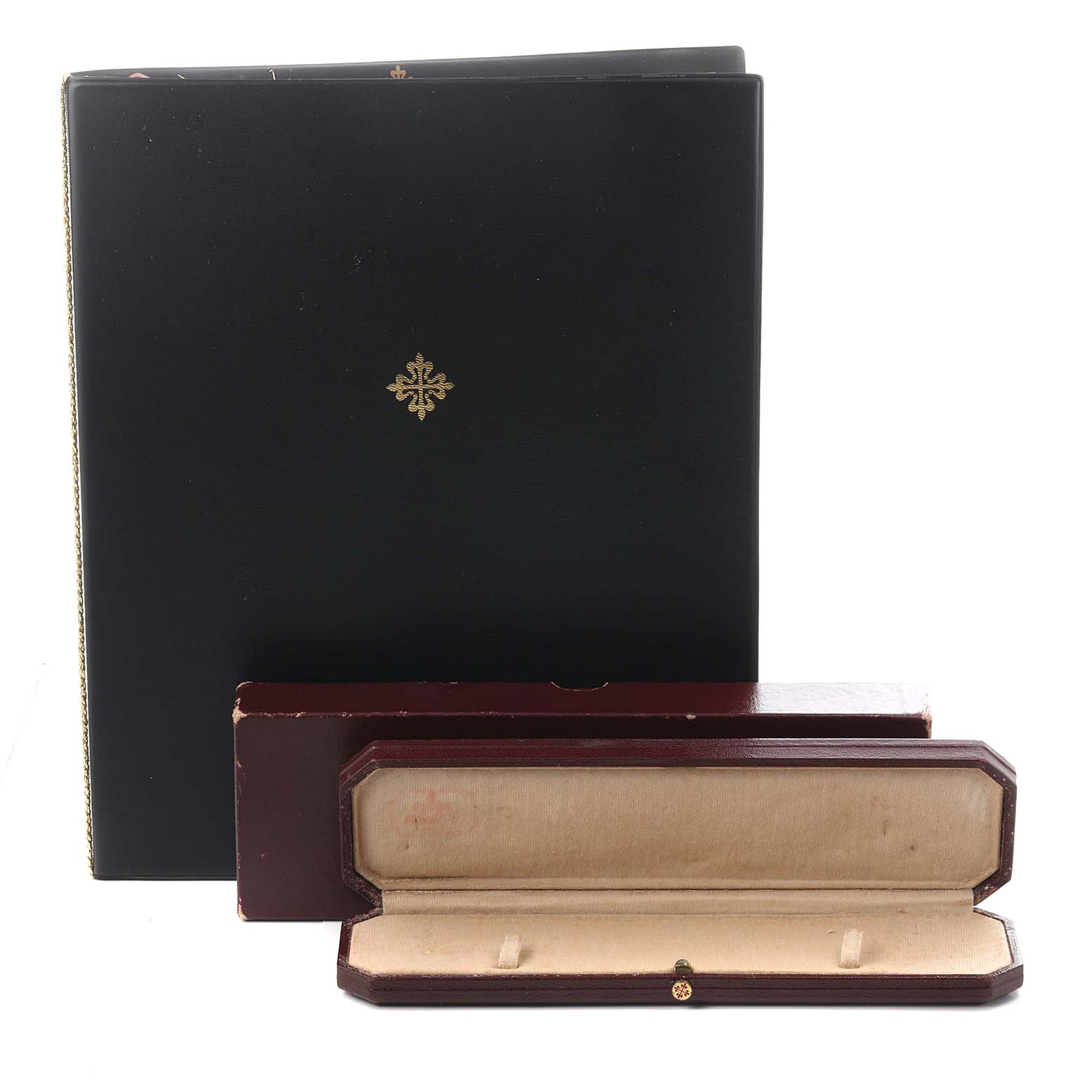 The image shows a Patek Philippe Vintage 4647/001 Women's Yellow Gold Beige Dial 4647/001 Women's Yellow Gold Beige Dial watch box and case, viewed from the front.