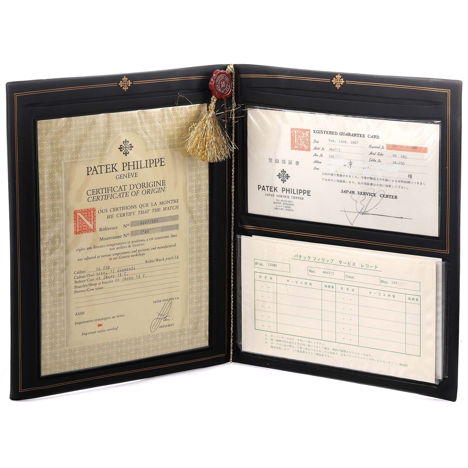 This image shows the certificate of origin and guarantee card for a Vintage Patek Philippe watch.