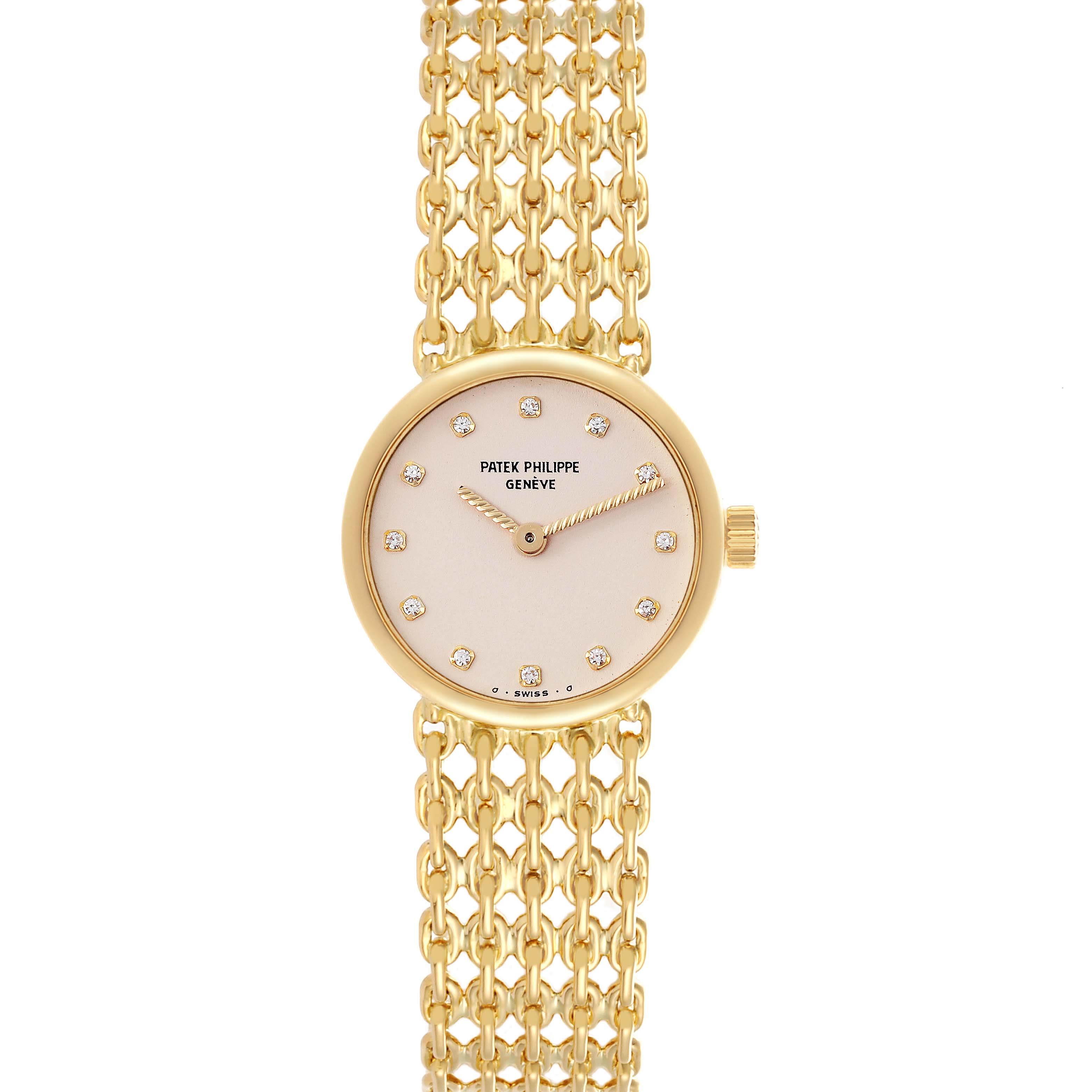 The Patek Philippe Vintage 4647/001 Women's Yellow Gold Beige Dial 4647/001 Women's Yellow Gold Beige Dial watch is shown from the top, highlighting the face, dial, and bracelet.