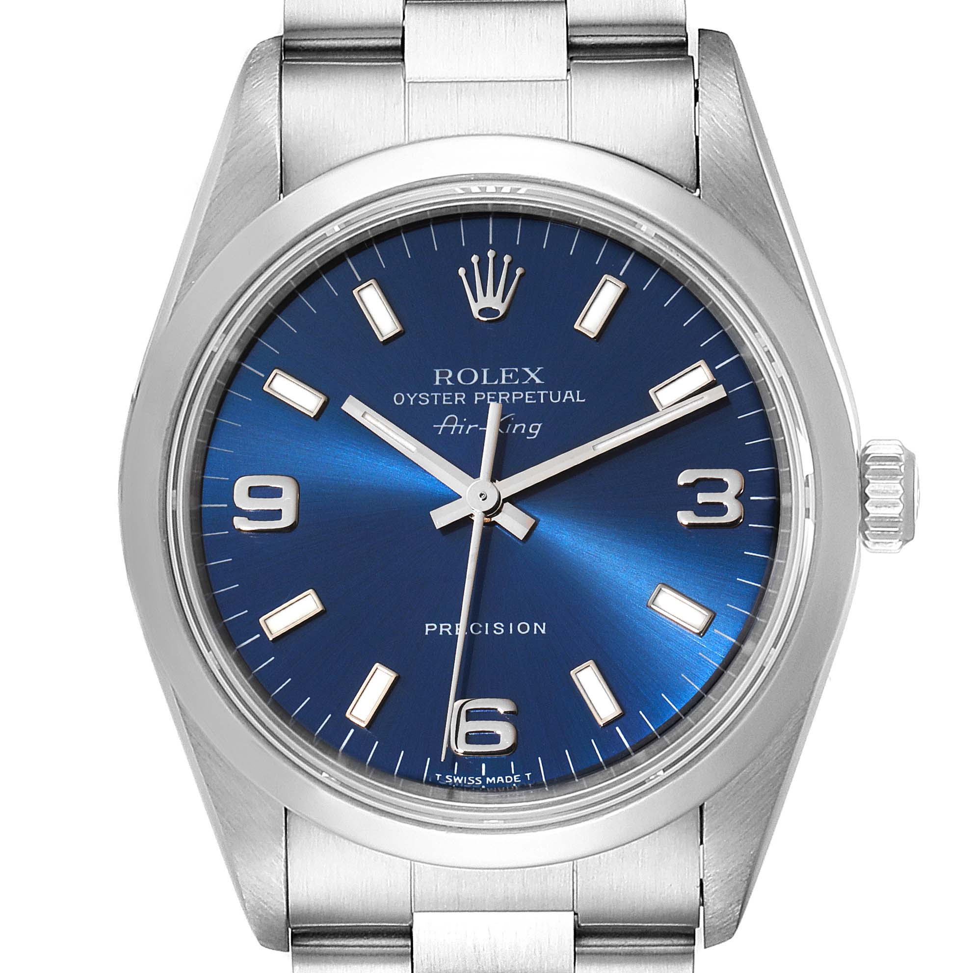 The image shows a front view of the Rolex Air-King 14000 Men's Stainless Steel Blue Dial 14000 Men's Stainless Steel Blue Dial watch, highlighting its blue dial, stainless steel case, and bracelet.