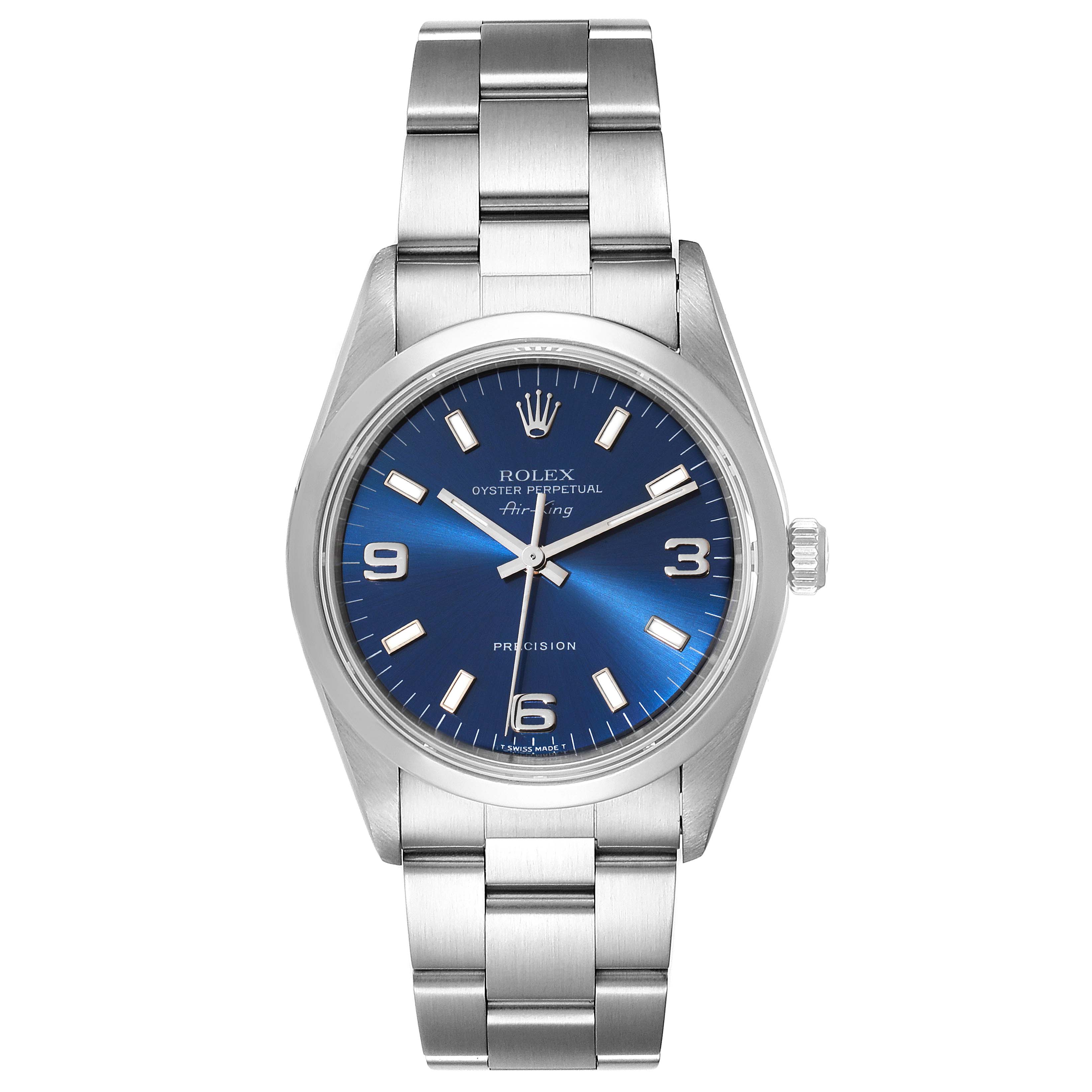 This image shows the front angle of a Rolex Air-King 14000 Men's Stainless Steel Blue Dial 14000 Men's Stainless Steel Blue Dial watch, displaying the dial, crown, and bracelet.
