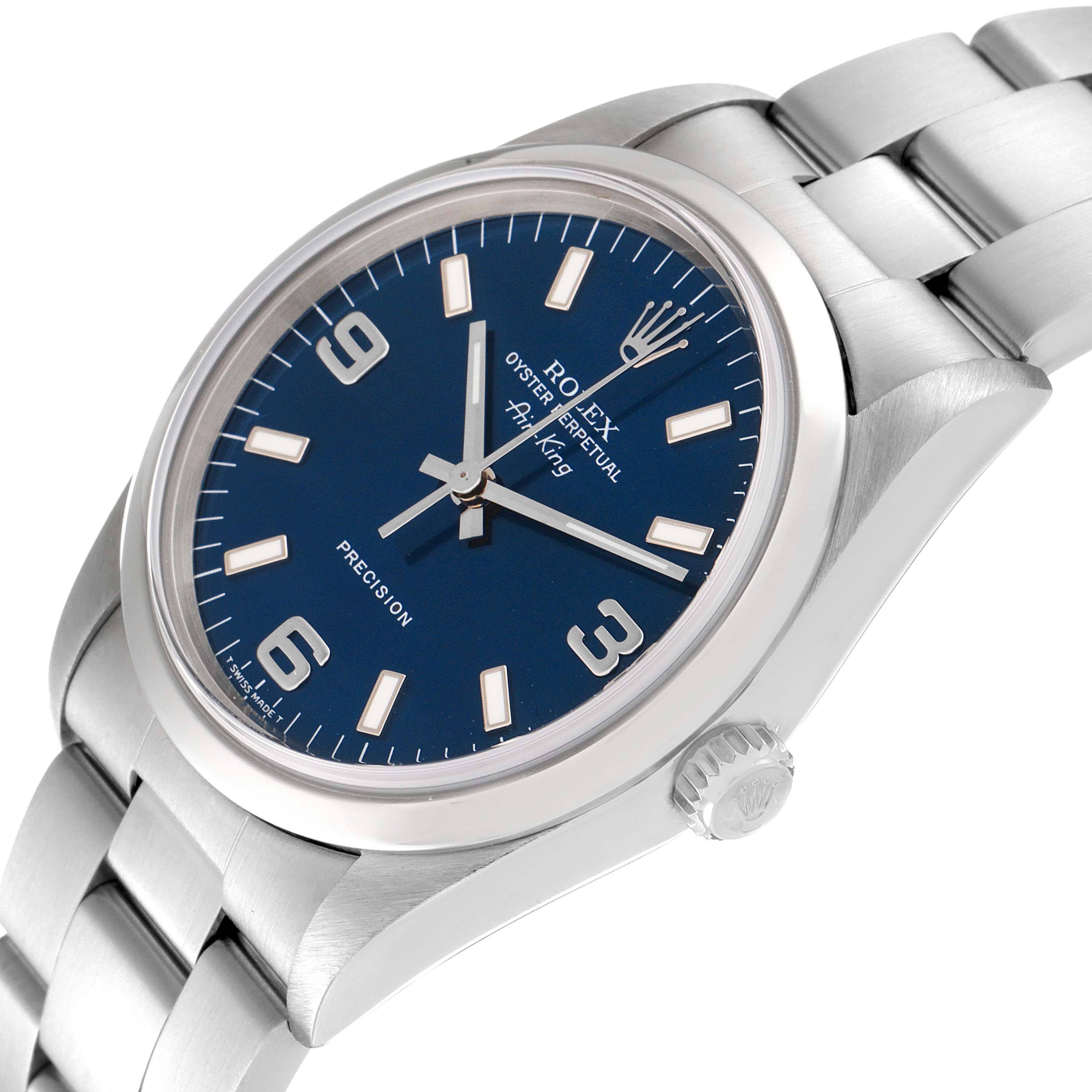 The image showcases a side angle view of the Rolex Air-King 14000 Men's Stainless Steel Blue Dial 14000 Men's Stainless Steel Blue Dial watch, highlighting the blue dial, bezel, crown, and stainless steel bracelet.