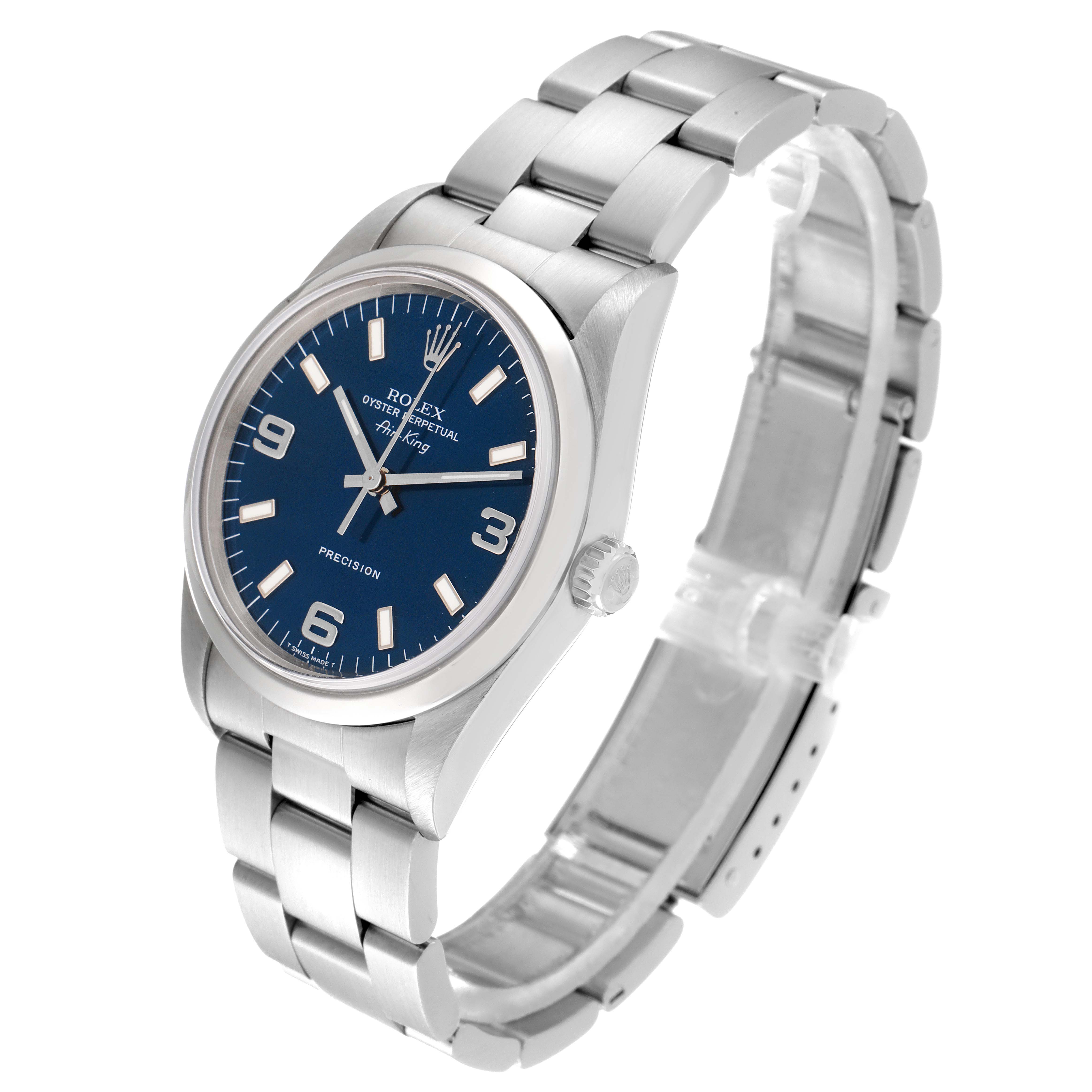 The image shows a angled view of a Rolex Air-King 14000 Men's Stainless Steel Blue Dial 14000 Men's Stainless Steel Blue Dial watch, displaying its blue dial, stainless steel bracelet, and crown.