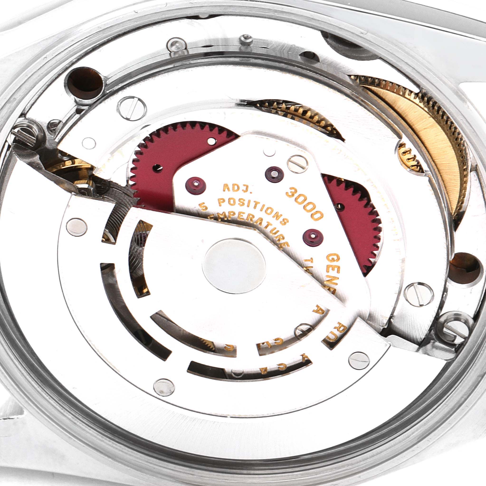 This image shows the internal mechanism of the Rolex Air-King 14000 Men's Stainless Steel Blue Dial 14000 Men's Stainless Steel Blue Dial watch model viewed from the back, highlighting the gears and movement components.