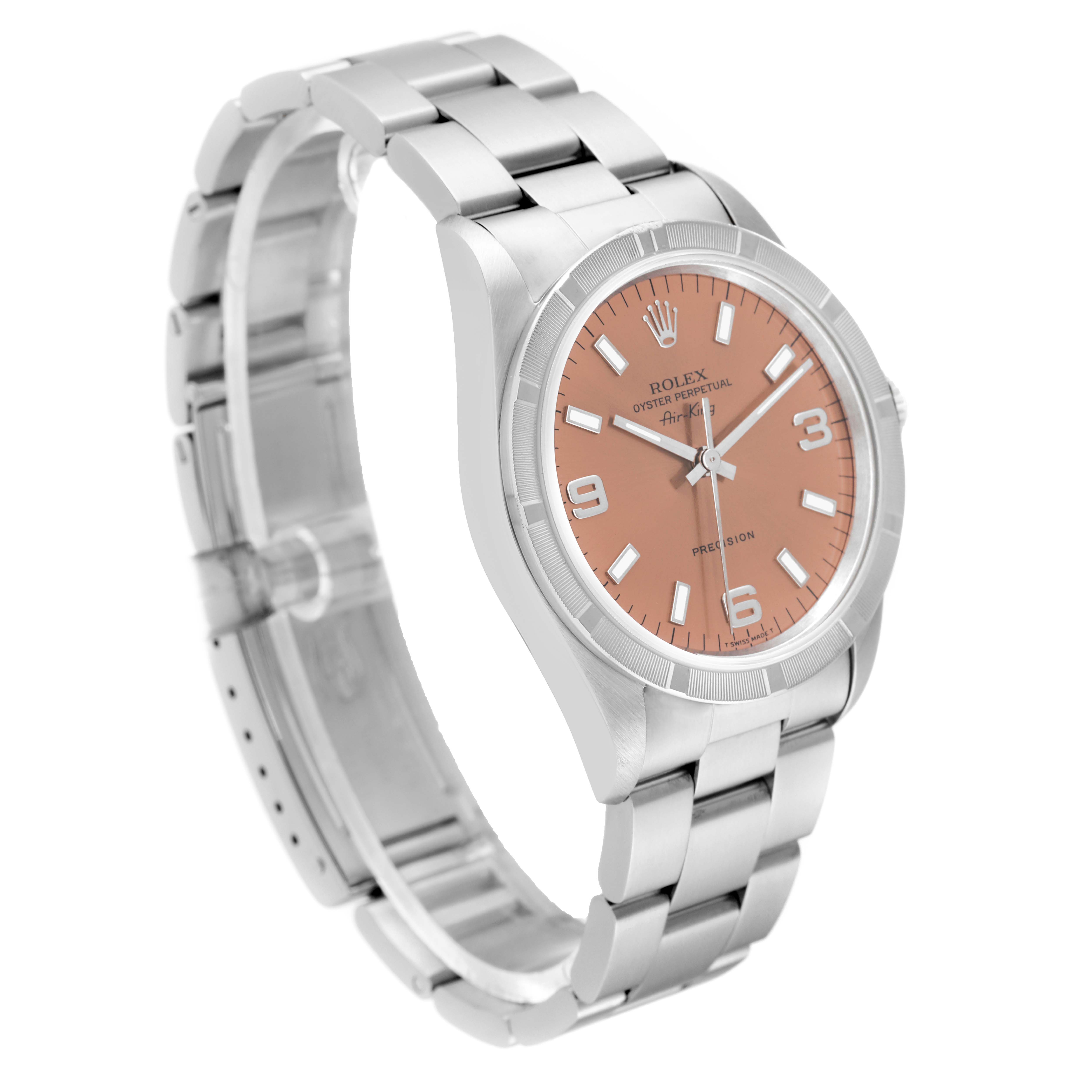 The image shows a Rolex Air-King 14010 Men's Stainless Steel Pink Dial 14010 Men's Stainless Steel Pink Dial watch at an angled side view, displaying the face, bezel, and stainless steel bracelet.