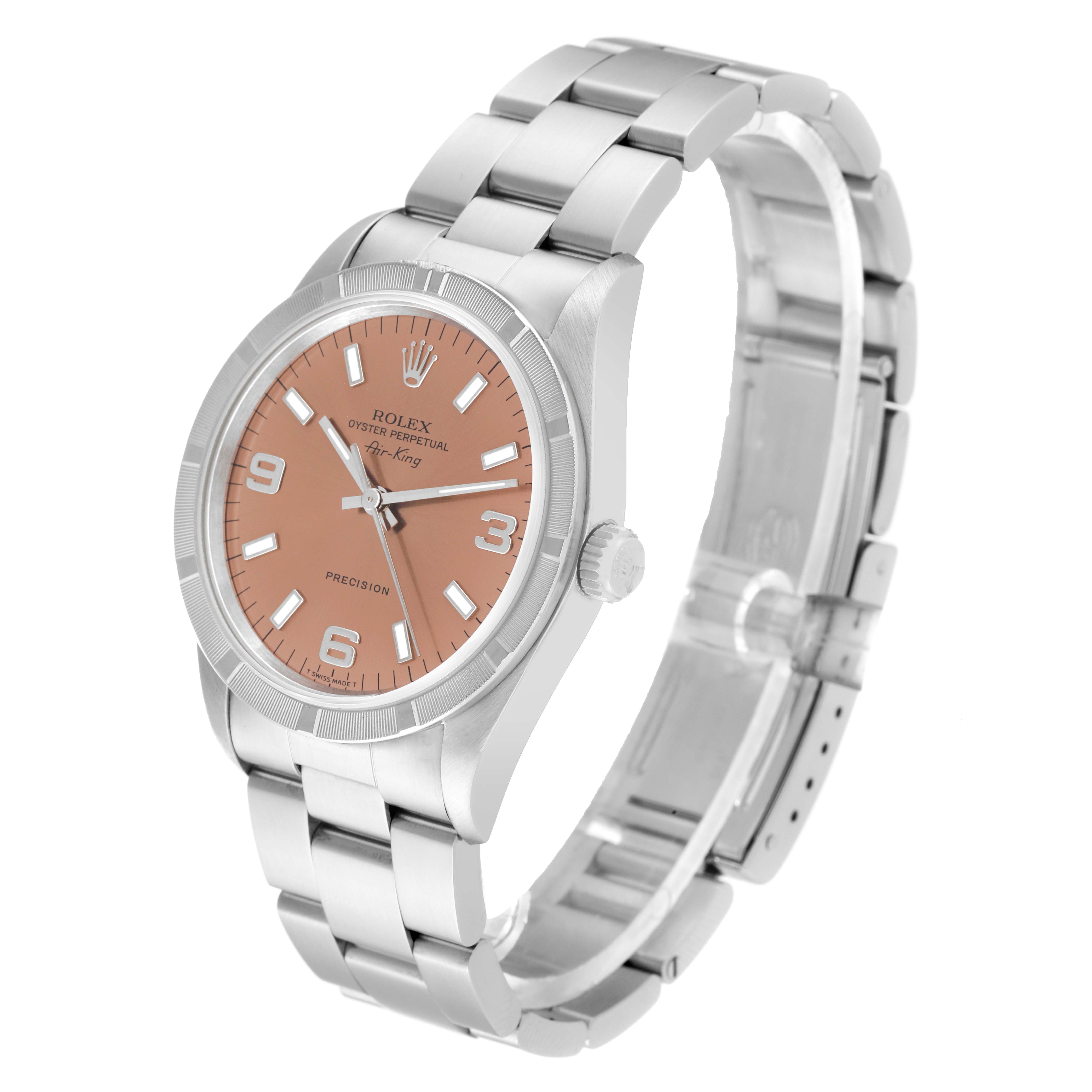 The image shows a side and front angle of the Rolex Air-King 14010 Men's Stainless Steel Pink Dial 14010 Men's Stainless Steel Pink Dial watch, featuring its face, bezel, and metal bracelet.