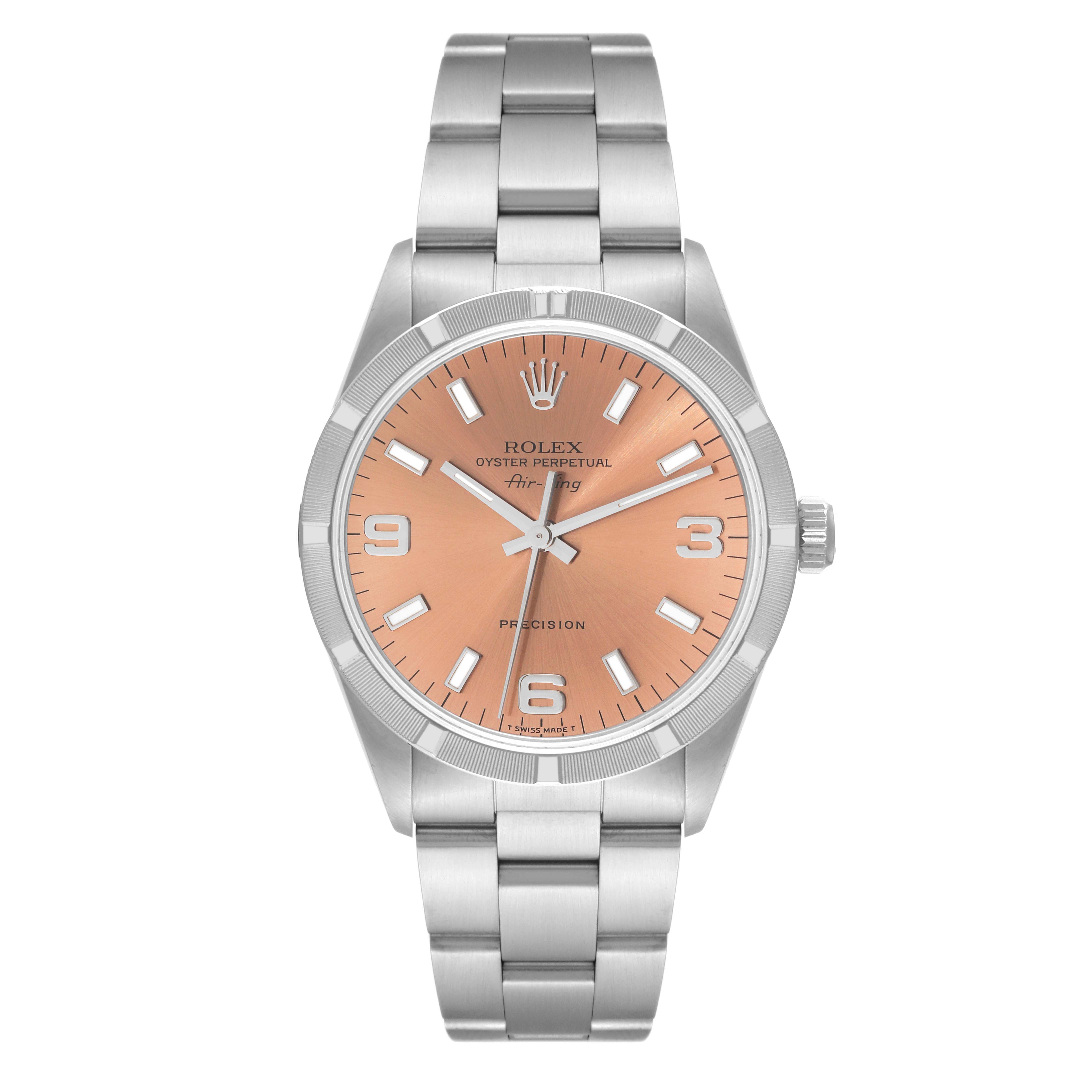 This is a front view of a Rolex Air-King 14010 Men's Stainless Steel Pink Dial 14010 Men's Stainless Steel Pink Dial watch, showing its dial, case, bracelet, and crown.