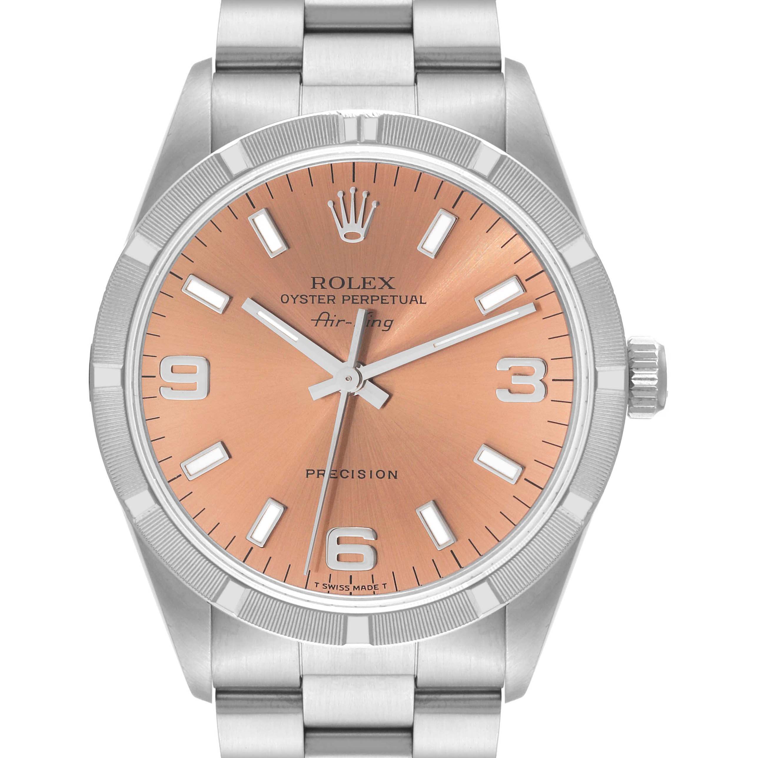This Rolex Air-King 14010 Men's Stainless Steel Pink Dial 14010 Men's Stainless Steel Pink Dial watch is shown from a front angle, displaying the rose gold dial, luminous hands, and stainless steel bracelet.