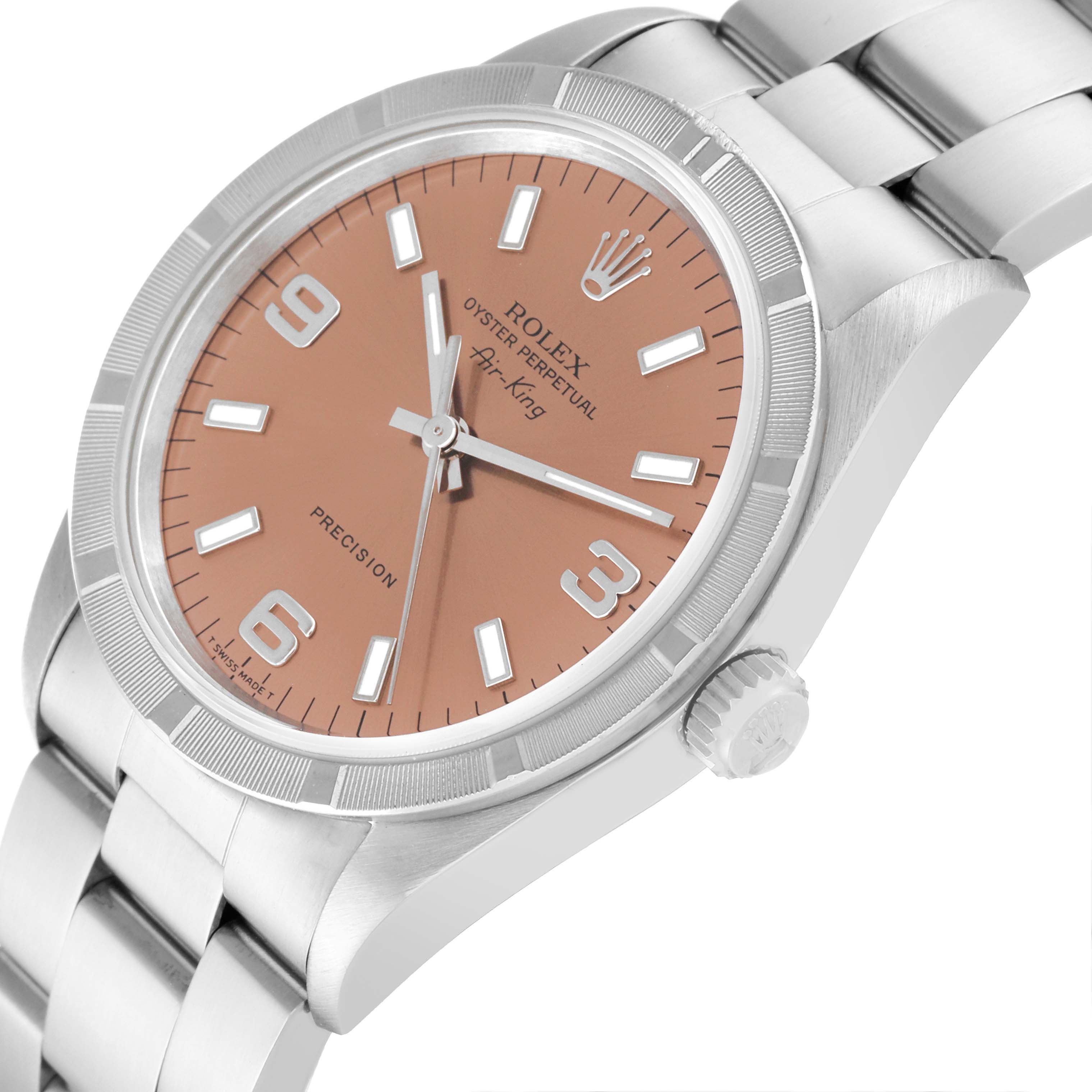The image shows the face, bezel, crown, and part of the bracelet of a Rolex Air-King 14010 Men's Stainless Steel Pink Dial 14010 Men's Stainless Steel Pink Dial watch from a slightly angled close-up view.