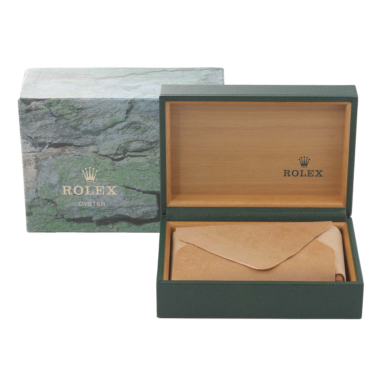 The image shows an open green Rolex box with a beige pouch inside, for the Rolex Air-King 14010 Men's Stainless Steel Pink Dial 14010 Men's Stainless Steel Pink Dial watch, and the box cover.