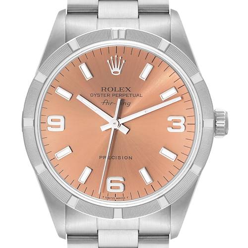 Photo of Rolex Air King 34 Salmon Dial Engine Turned Bezel Steel Mens Watch 14010