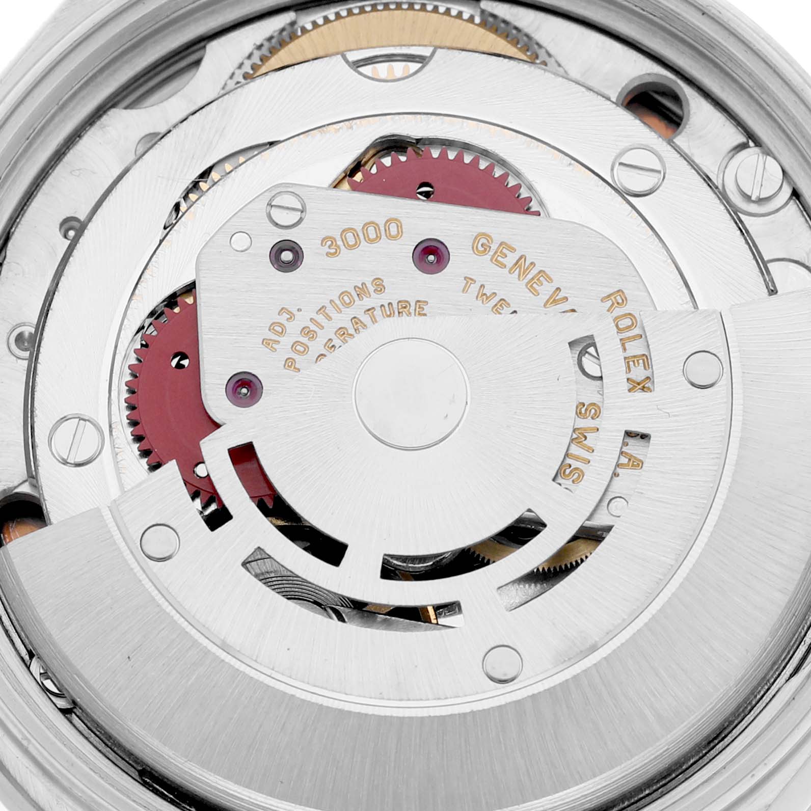 The image shows a close-up view of the internal mechanical parts of the Rolex Air-King 14010 Men's Stainless Steel Pink Dial 14010 Men's Stainless Steel Pink Dial watch movement.