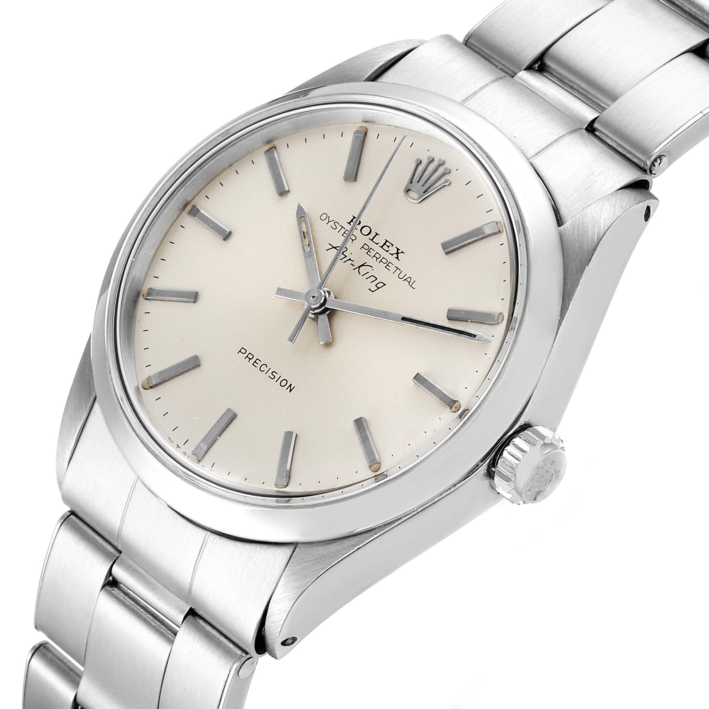 The image shows a close-up, front-right angle view of a Rolex Vintage Collection 5500 Men
s Stainless Steel Silver Dial 5500 Men
s Stainless Steel Silver Dial watch, displaying the face, crown, and part of the bracelet.