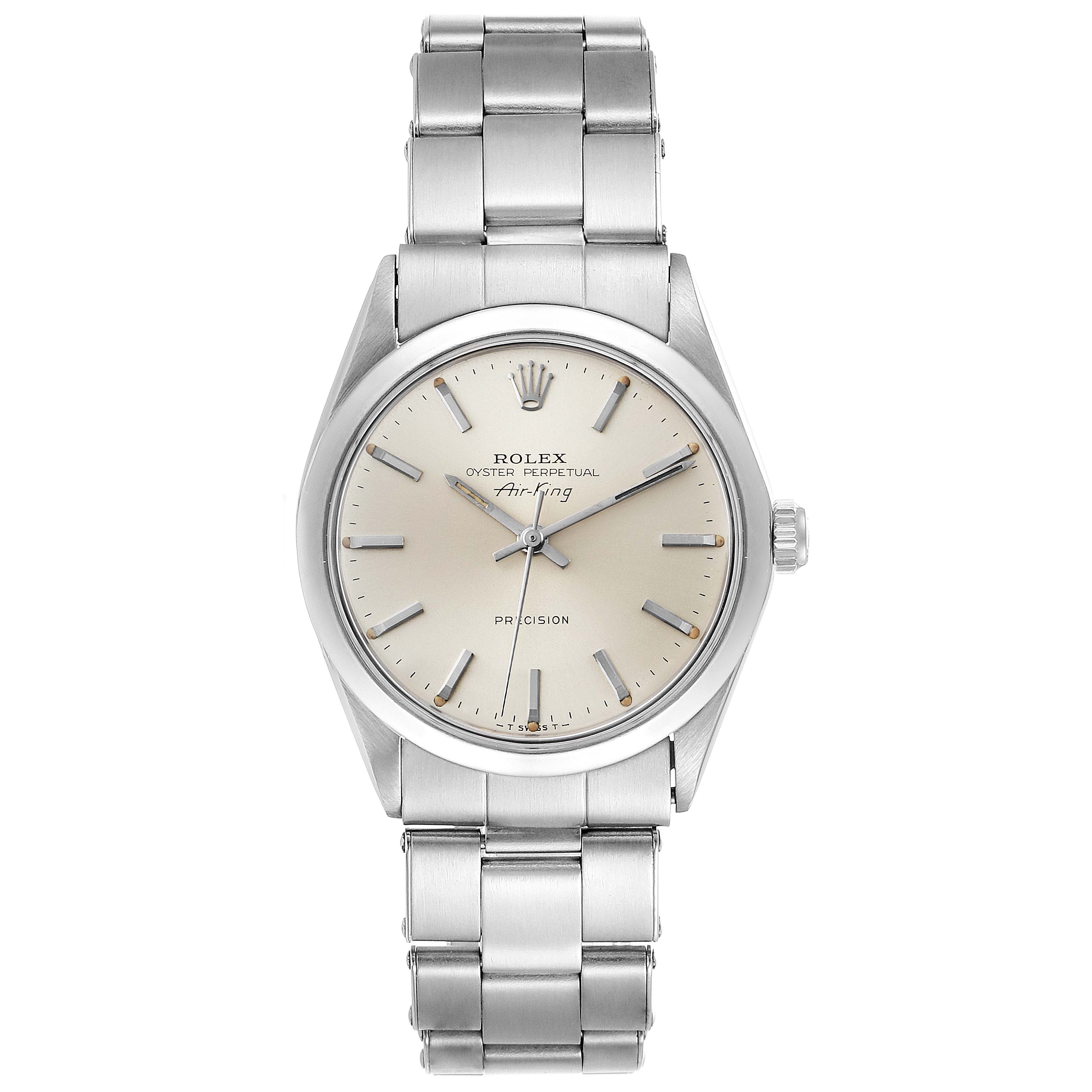 This Rolex Vintage Collection 5500 Men
s Stainless Steel Silver Dial 5500 Men
s Stainless Steel Silver Dial Air-King watch is shown from the front, highlighting the dial, hands, crown, and bracelet.