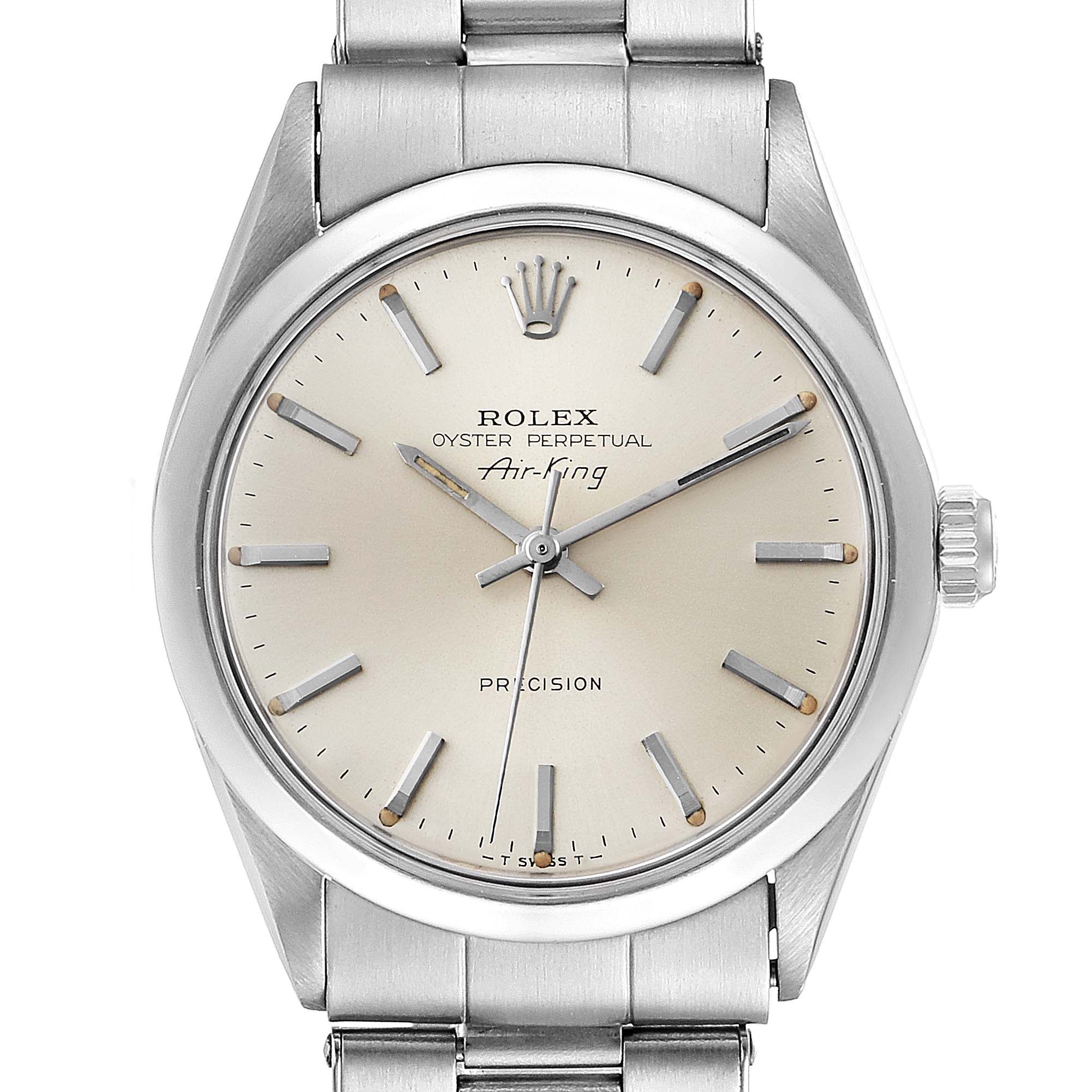 The image shows a close-up view of the Rolex Vintage Collection 5500 Men
s Stainless Steel Silver Dial 5500 Men
s Stainless Steel Silver Dial model, featuring its dial, hands, crown, bracelet, and case.