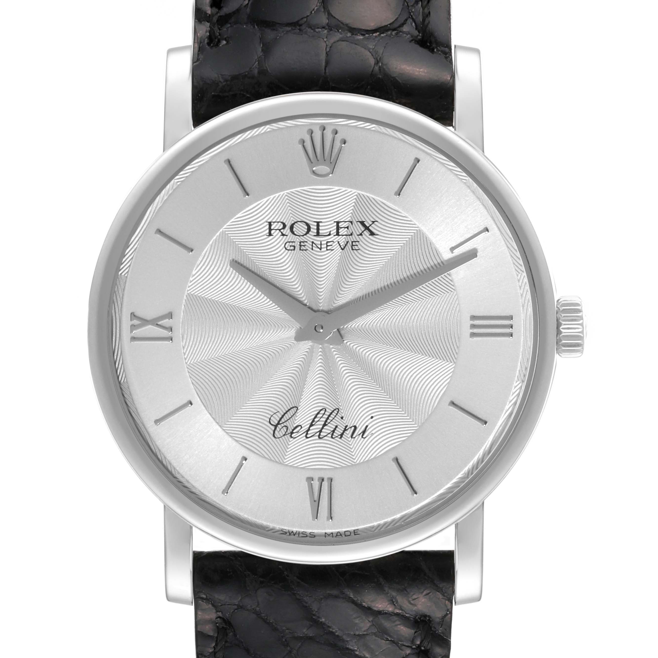 This image shows a Rolex Cellini 5115/9 Men
s White Gold Silver Dial 5115/9 Men
s White Gold Silver Dial watch from a front angle, displaying the face, dial, and part of the leather strap.