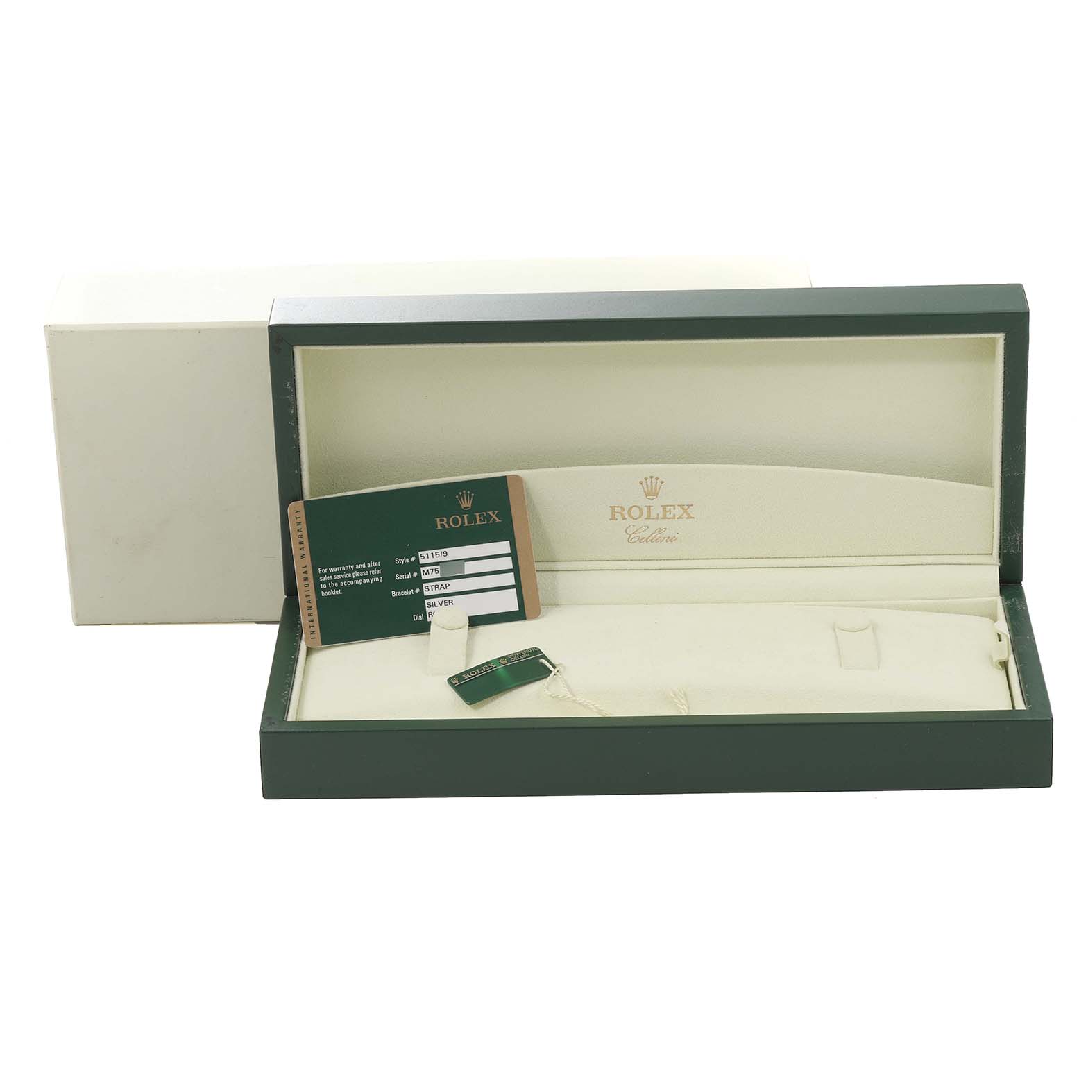 The image shows an open Rolex Cellini 5115/9 Men
s White Gold Silver Dial 5115/9 Men
s White Gold Silver Dial watch box, warranty card, and a tag from a front angle.