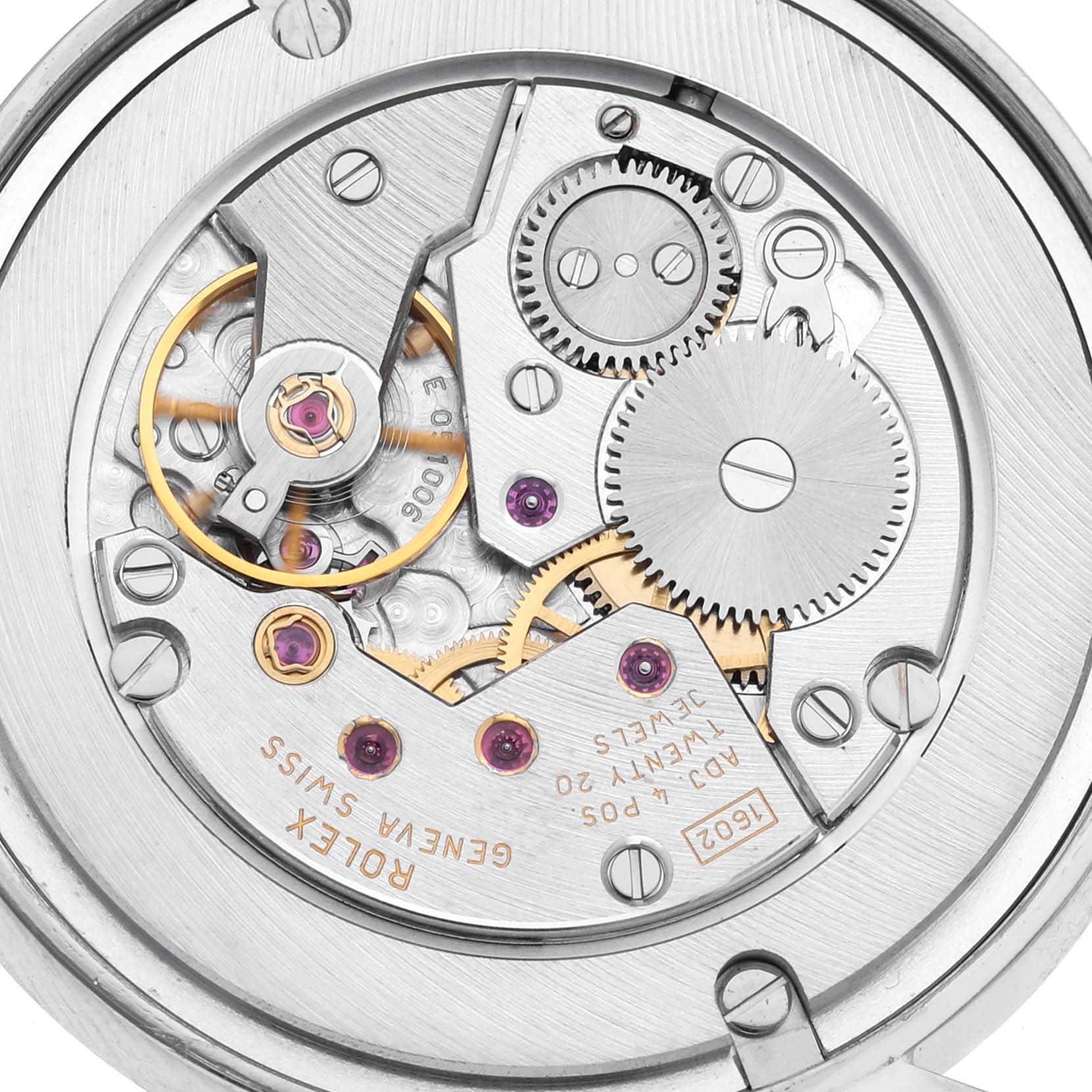 The image shows a close-up view of the inner mechanical movement of a Rolex Cellini 5115/9 Men
s White Gold Silver Dial 5115/9 Men
s White Gold Silver Dial watch.