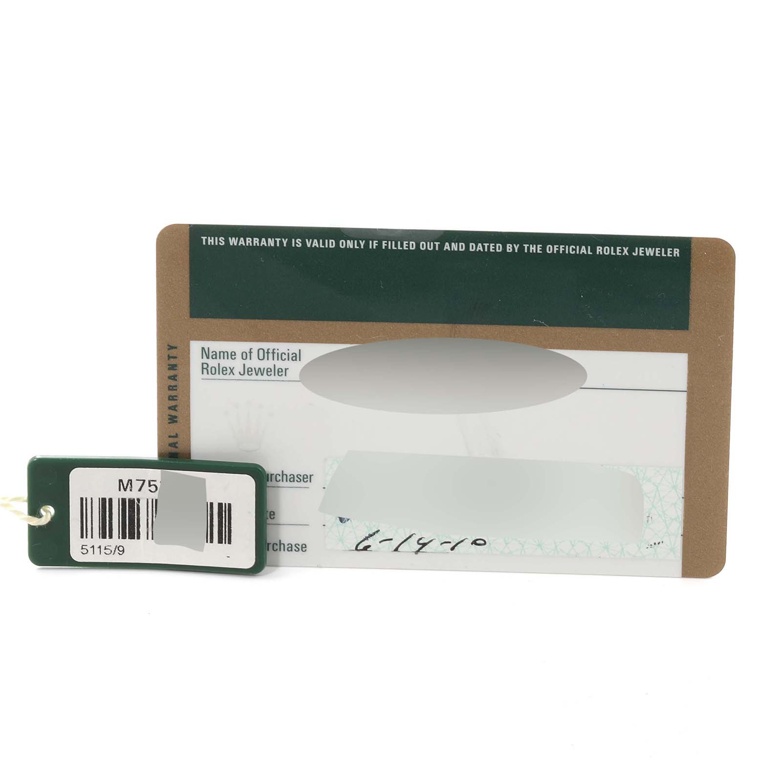 This image shows the warranty card and tag for a Rolex Cellini 5115/9 Men
s White Gold Silver Dial 5115/9 Men
s White Gold Silver Dial watch.