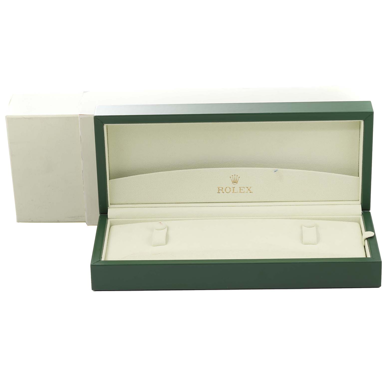 The image shows an open green box for a Rolex Cellini 50525 Men's Rose Gold Brown Dial 50525 Men's Rose Gold Brown Dial watch, with the Rolex logo on the inside lid.