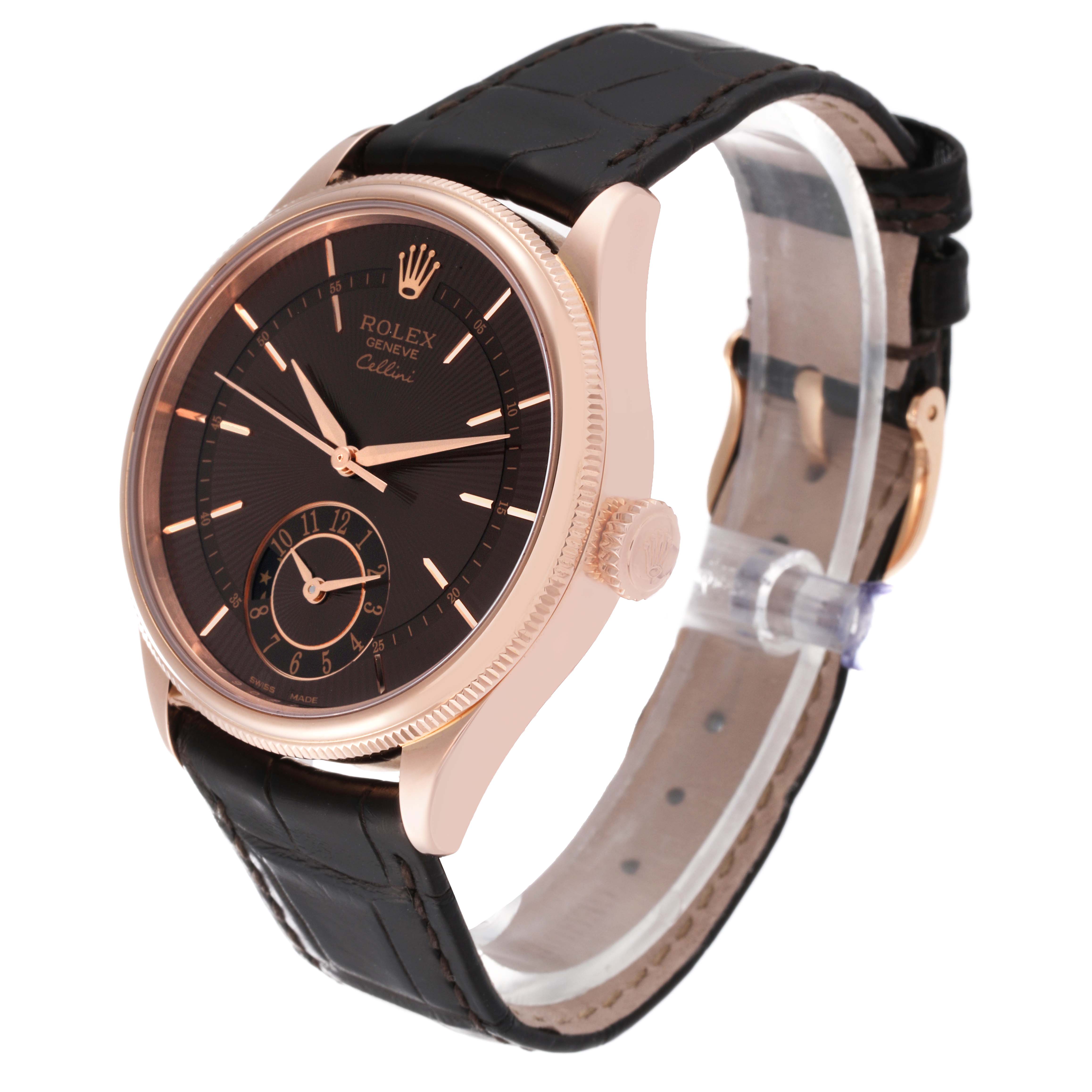 The Rolex Cellini 50525 Men's Rose Gold Brown Dial 50525 Men's Rose Gold Brown Dial watch is shown at an angle highlighting its black dial, rose gold case, and black leather strap.
