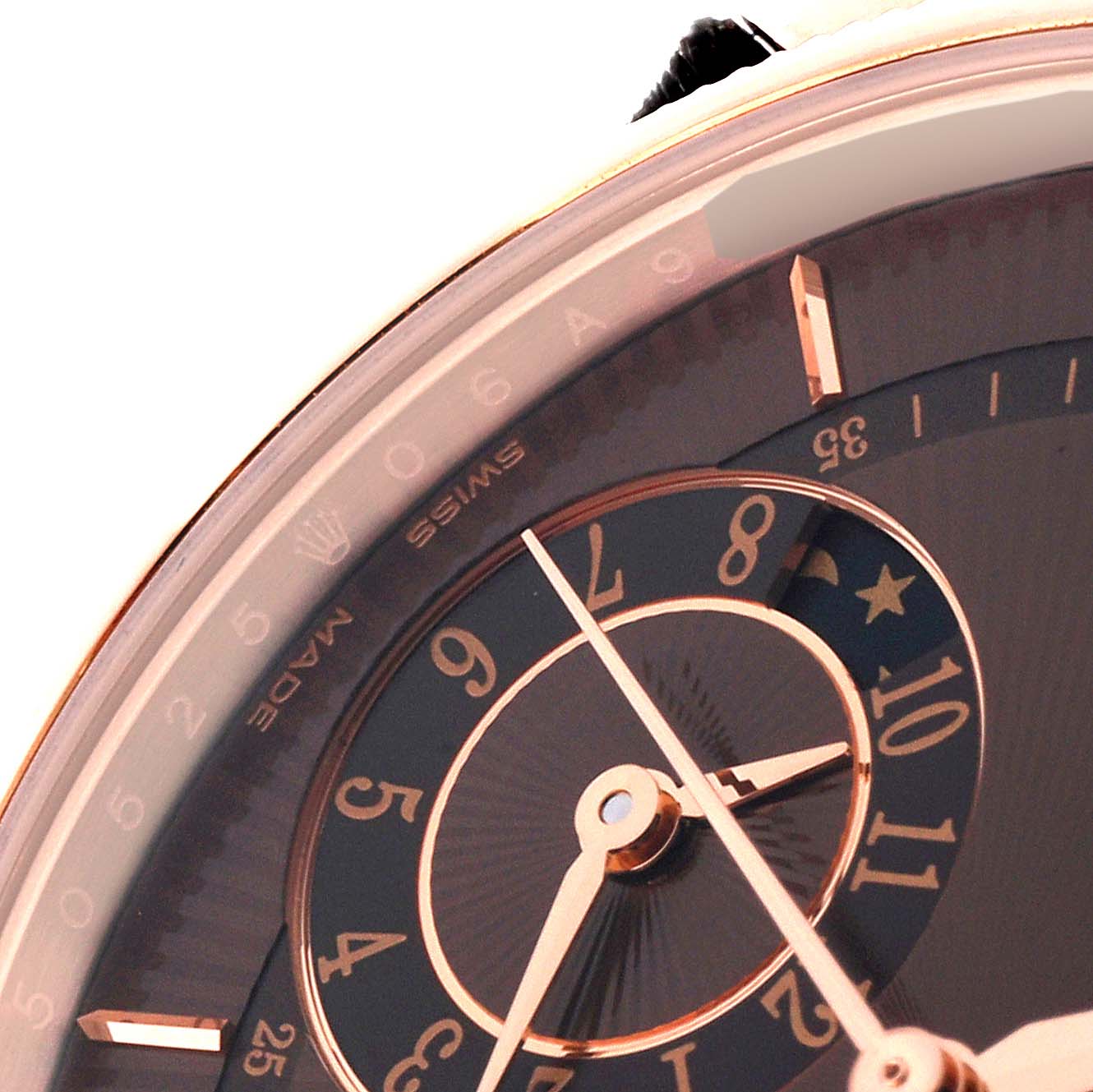 This close-up angle of the Rolex Cellini 50525 Men's Rose Gold Brown Dial 50525 Men's Rose Gold Brown Dial watch shows part of the dial, hands, and numerals.