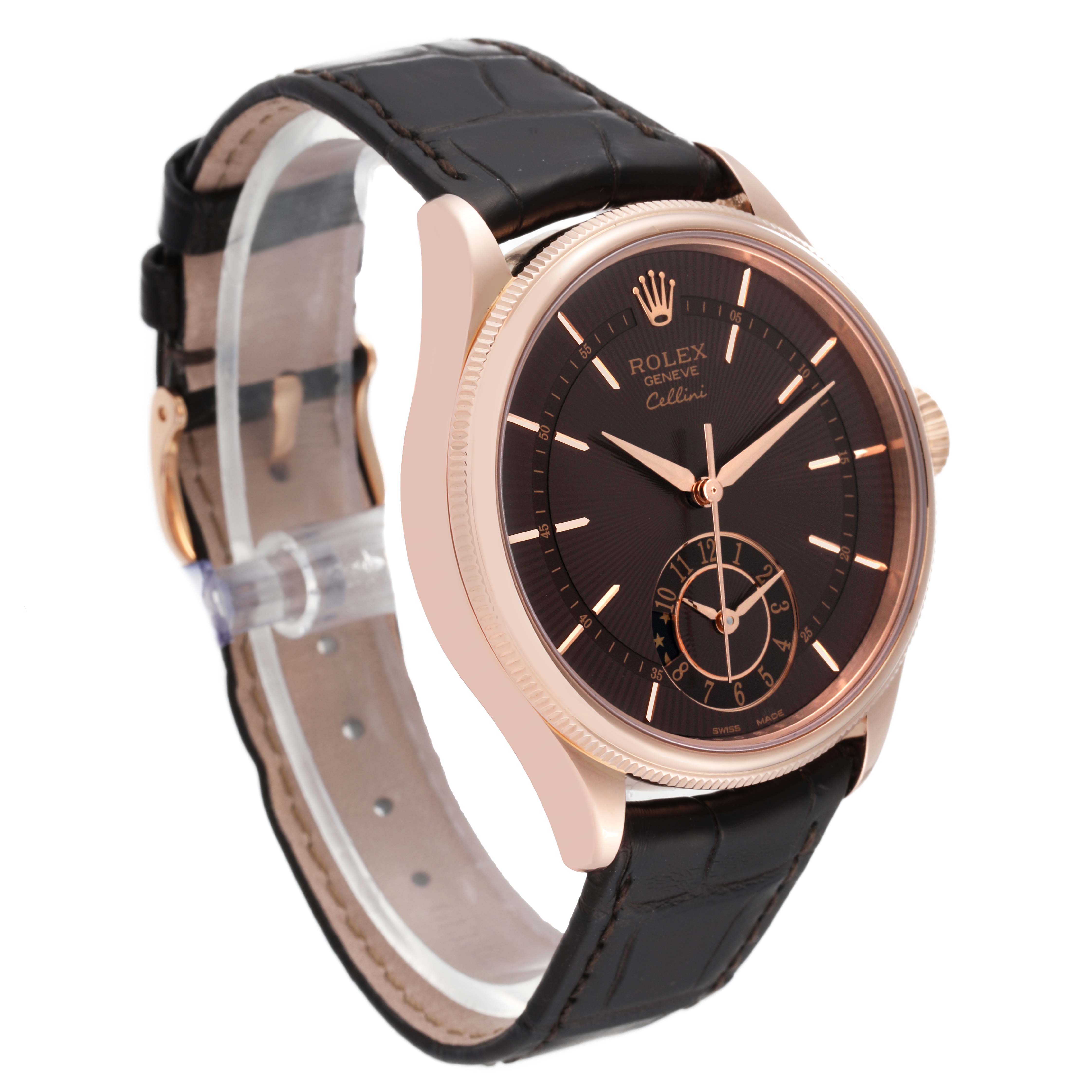 The image shows a Rolex Cellini 50525 Men's Rose Gold Brown Dial 50525 Men's Rose Gold Brown Dial watch at a 3/4 angle, highlighting its face, bezel, and leather strap.