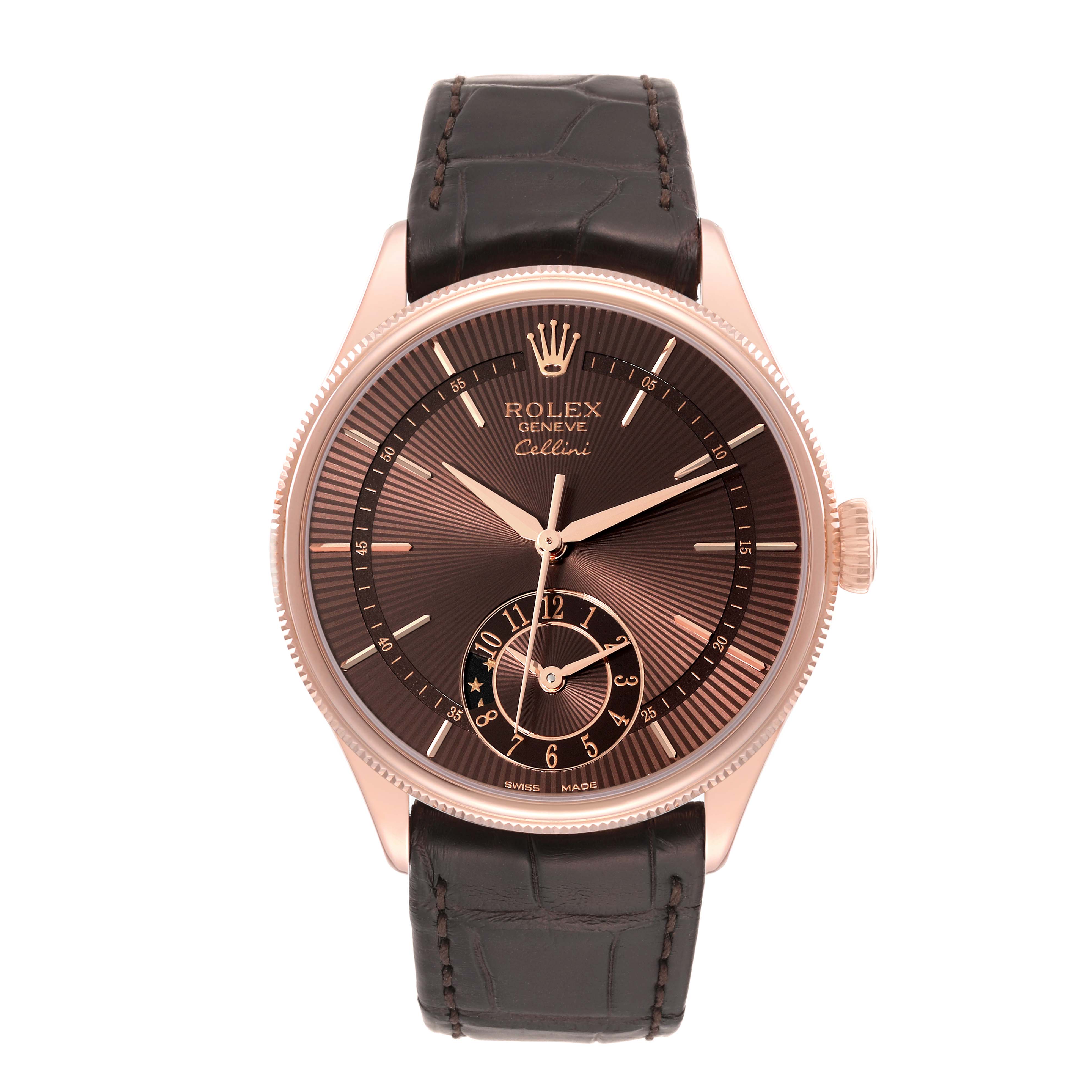 The image shows a front view of the Rolex Cellini 50525 Men's Rose Gold Brown Dial 50525 Men's Rose Gold Brown Dial watch, highlighting the watch face, bezel, strap, and crown.