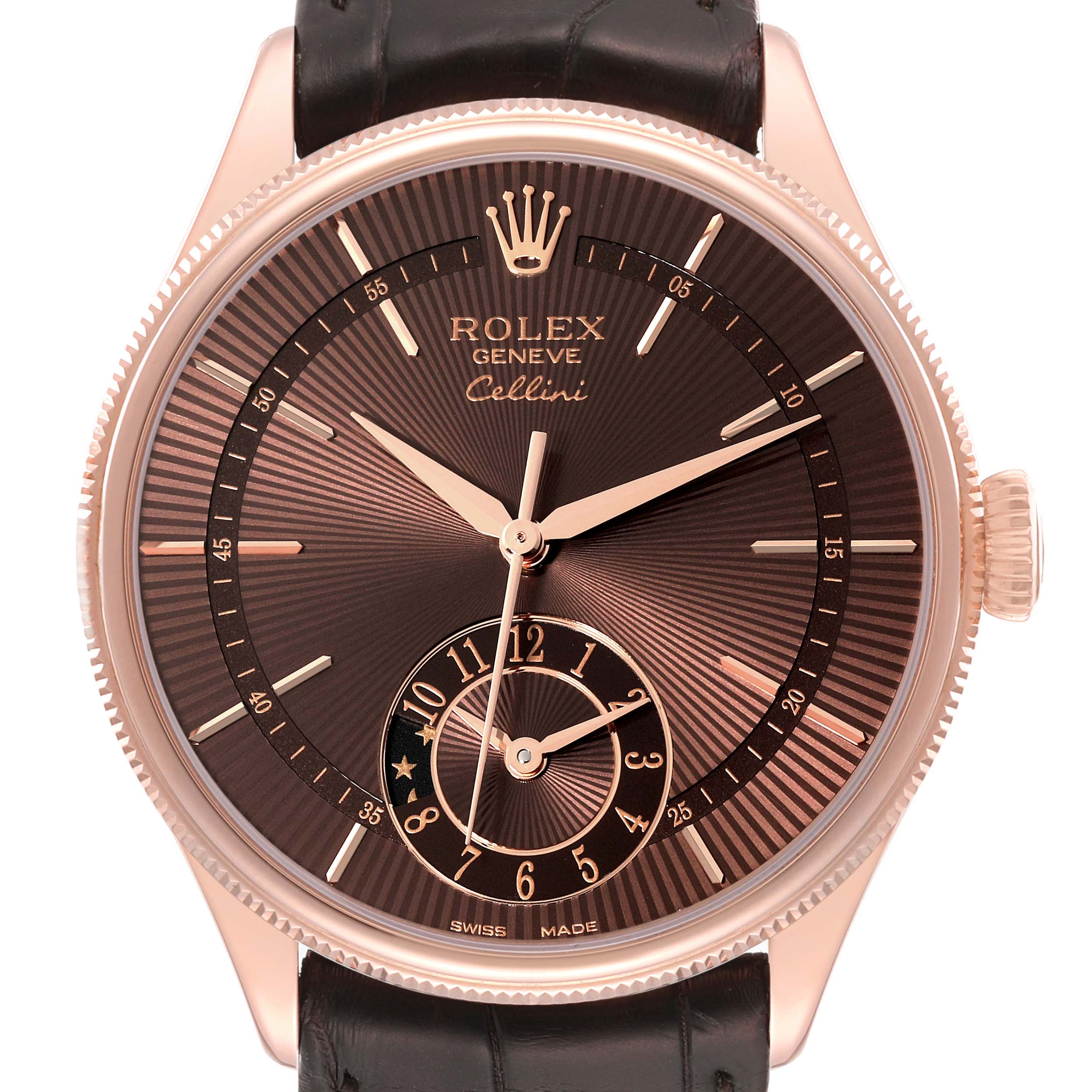 The Rolex Cellini 50525 Men's Rose Gold Brown Dial 50525 Men's Rose Gold Brown Dial watch is shown from a front angle, highlighting its dial, hands, crown, and a portion of the strap.