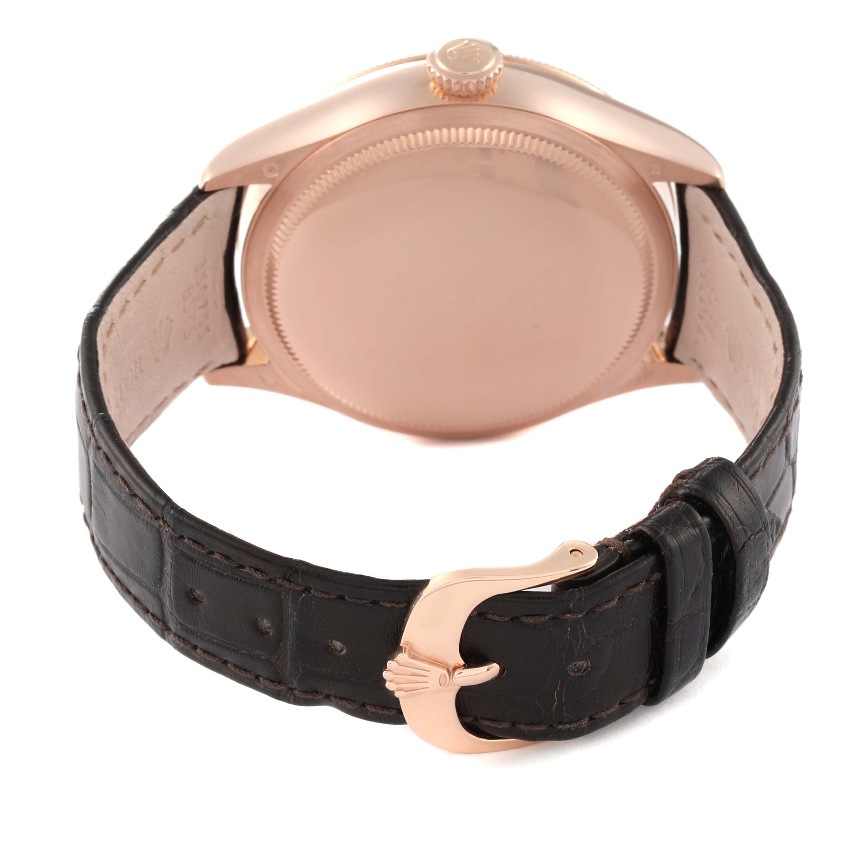 This image shows the back view of a Rolex Cellini 50525 Men's Rose Gold Brown Dial 50525 Men's Rose Gold Brown Dial watch, highlighting the case back, crown, and leather strap with a buckle.