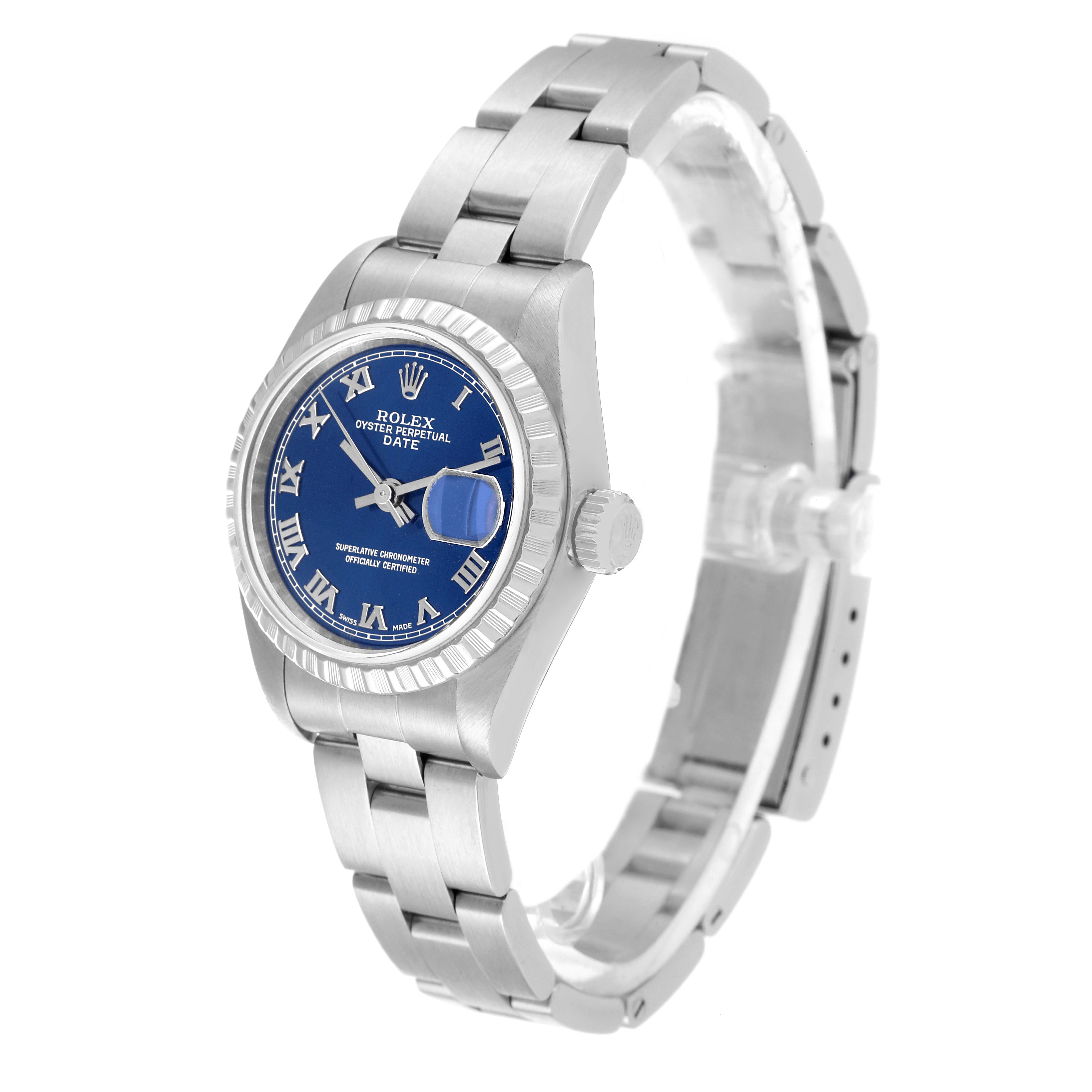 The image shows a Rolex Date 79240 Women's Stainless Steel Blue Dial 79240 Women's Stainless Steel Blue Dial model watch angled to display its bracelet, bezel, dial, and crown.