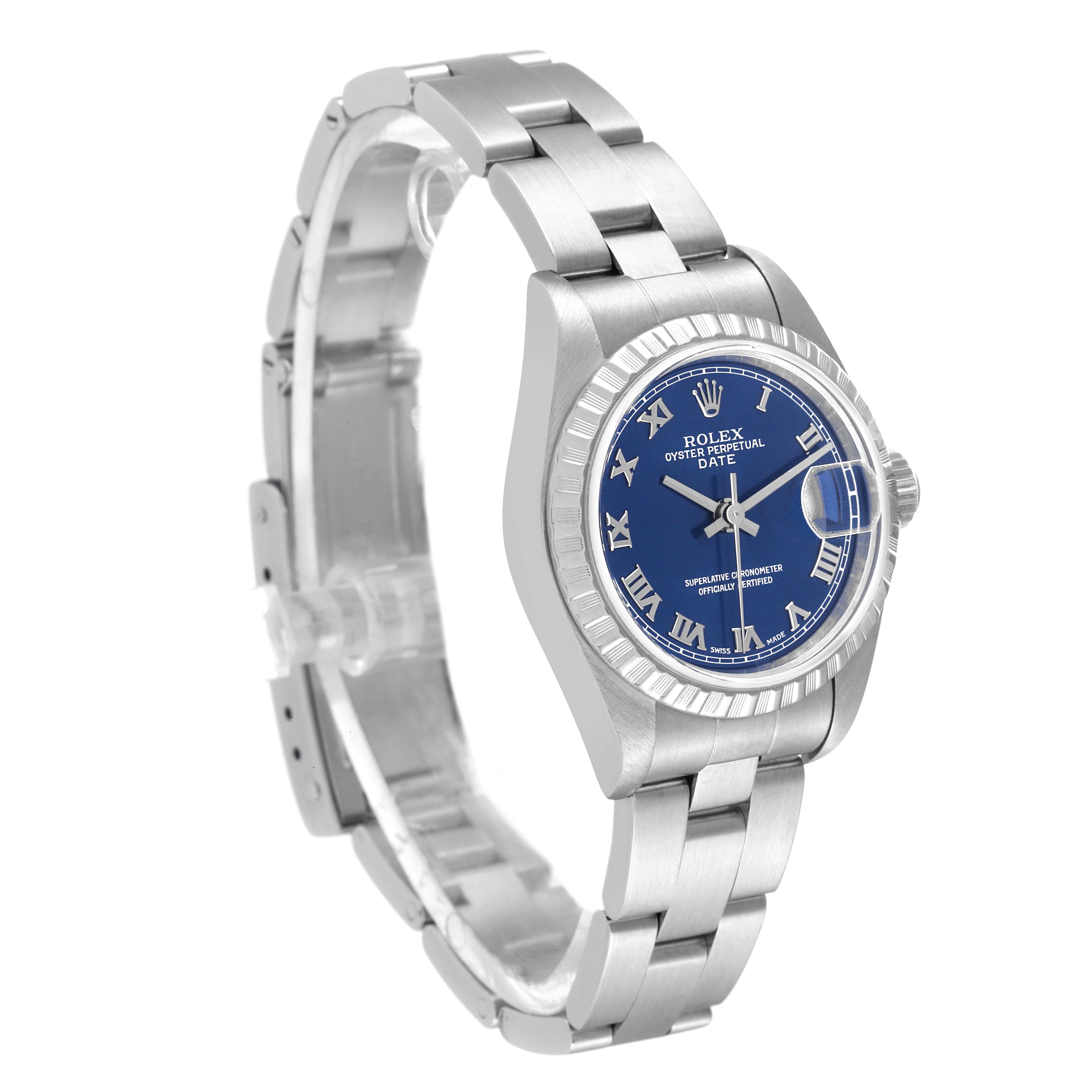 This image shows a Rolex Date 79240 Women's Stainless Steel Blue Dial 79240 Women's Stainless Steel Blue Dial model watch angled slightly from the front, highlighting the dial, bezel, and a portion of the bracelet.