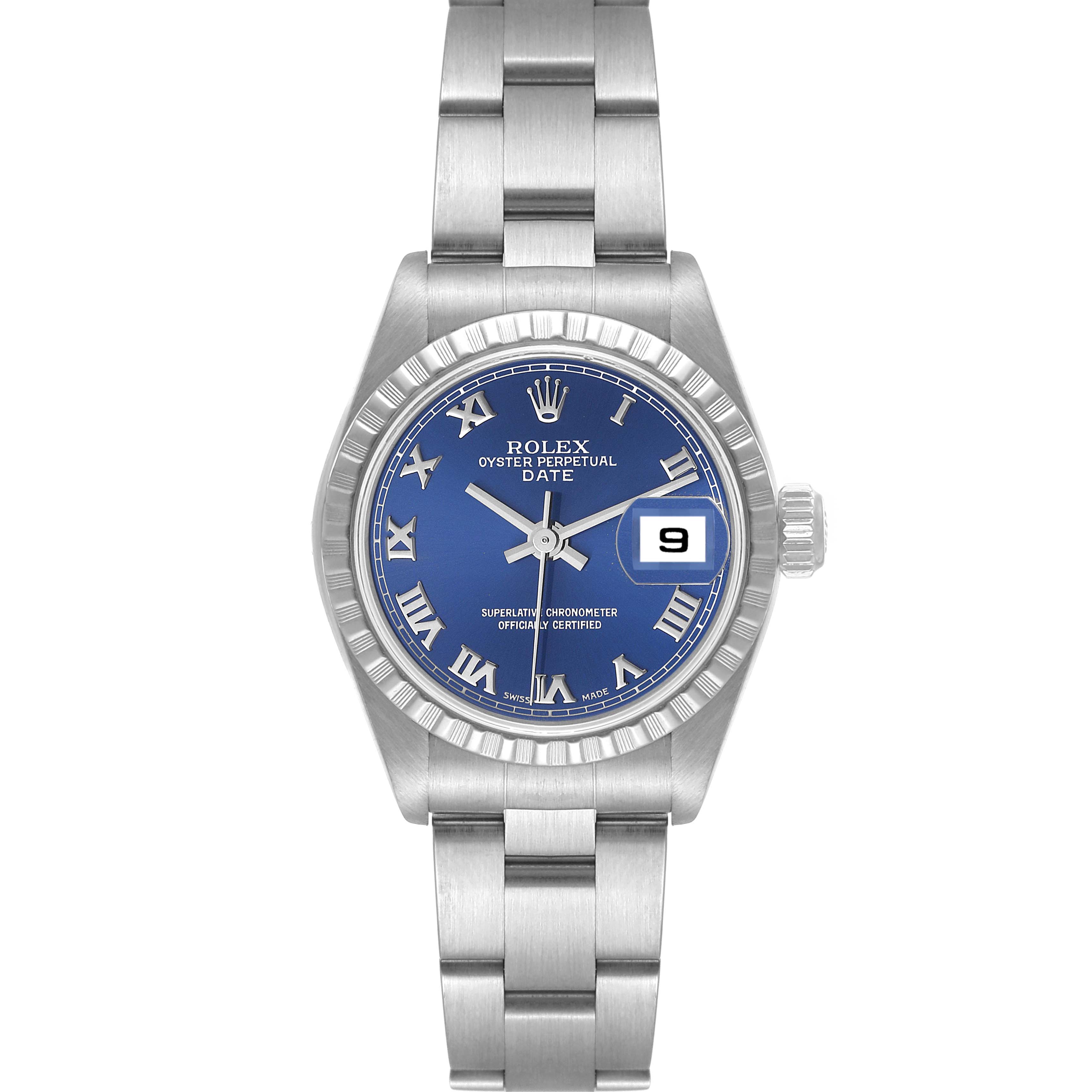 This image shows a frontal view of a Rolex Date 79240 Women's Stainless Steel Blue Dial 79240 Women's Stainless Steel Blue Dial model watch, highlighting the blue dial, date window, and stainless steel bracelet.