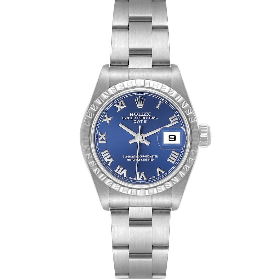 Rolex Date Blue Dial Engine Turned Bezel Steel Ladies Watch 79240 SwissWatchExpo