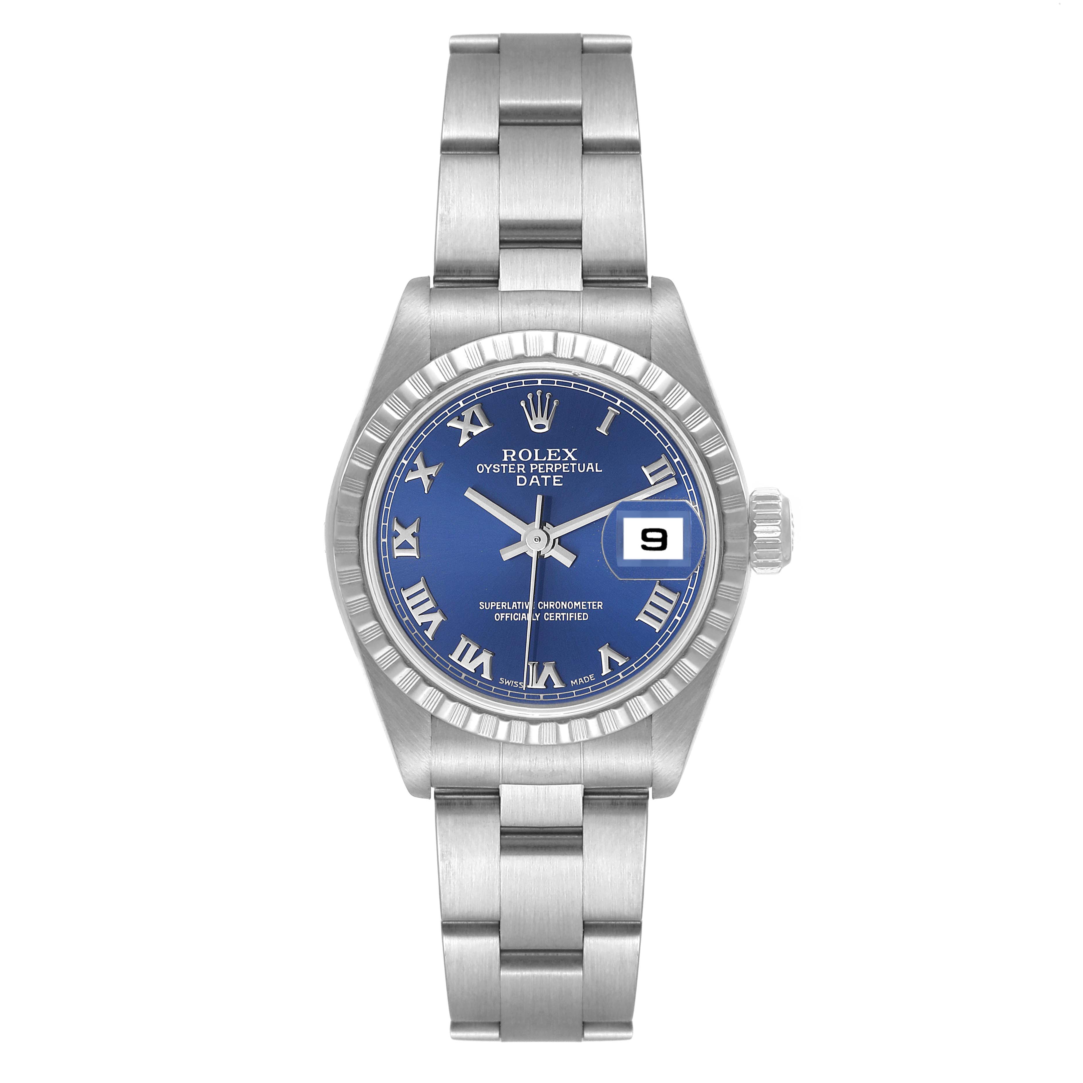This image shows a Rolex Oyster Perpetual Date watch, front view, highlighting its blue dial, date window, and stainless steel bracelet.