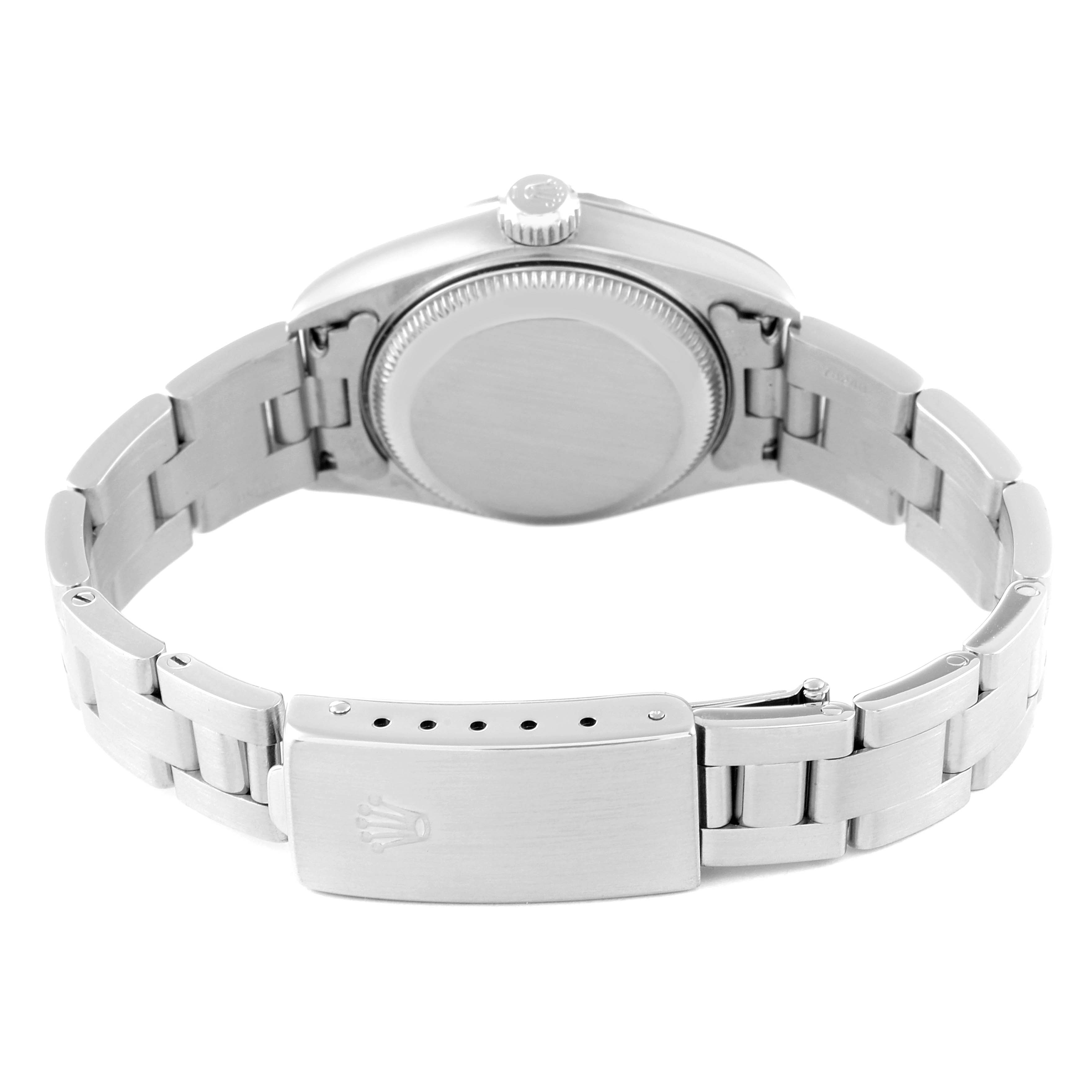 This image shows the back view of a Rolex Date 79240 Women's Stainless Steel Blue Dial 79240 Women's Stainless Steel Blue Dial model watch, highlighting the case back, bracelet links, and clasp.