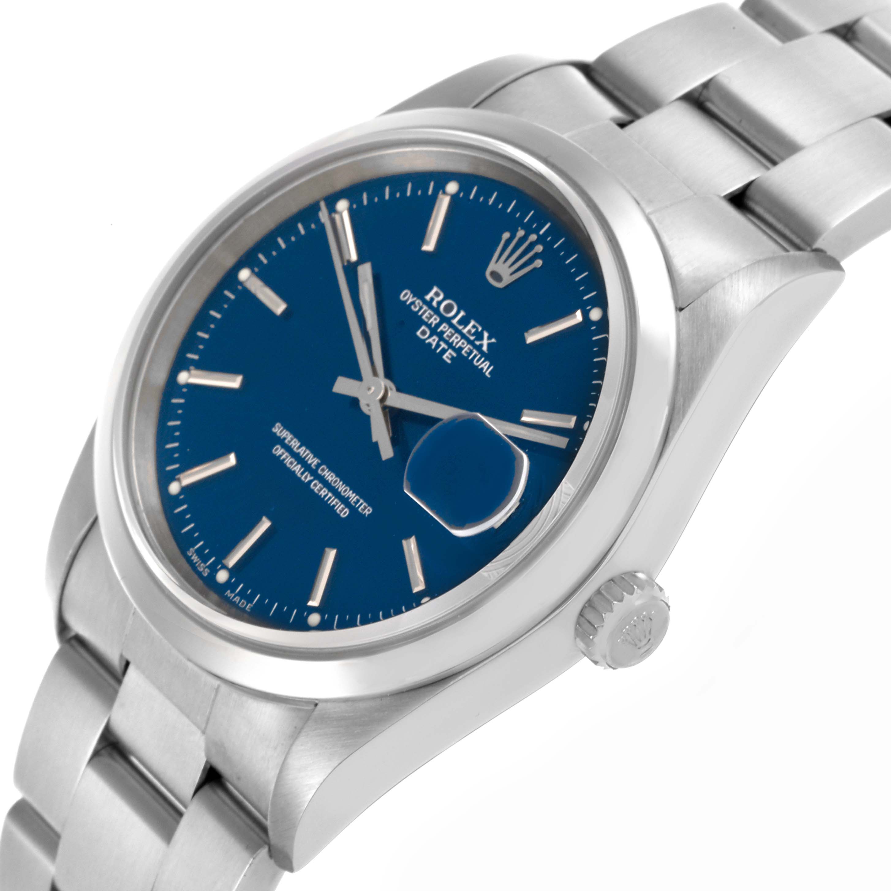 The Rolex Date 15200 Men's Stainless Steel Blue Dial 15200 Men's Stainless Steel Blue Dial watch is shown from an oblique angle, highlighting the face, bezel, crown, and part of the bracelet.