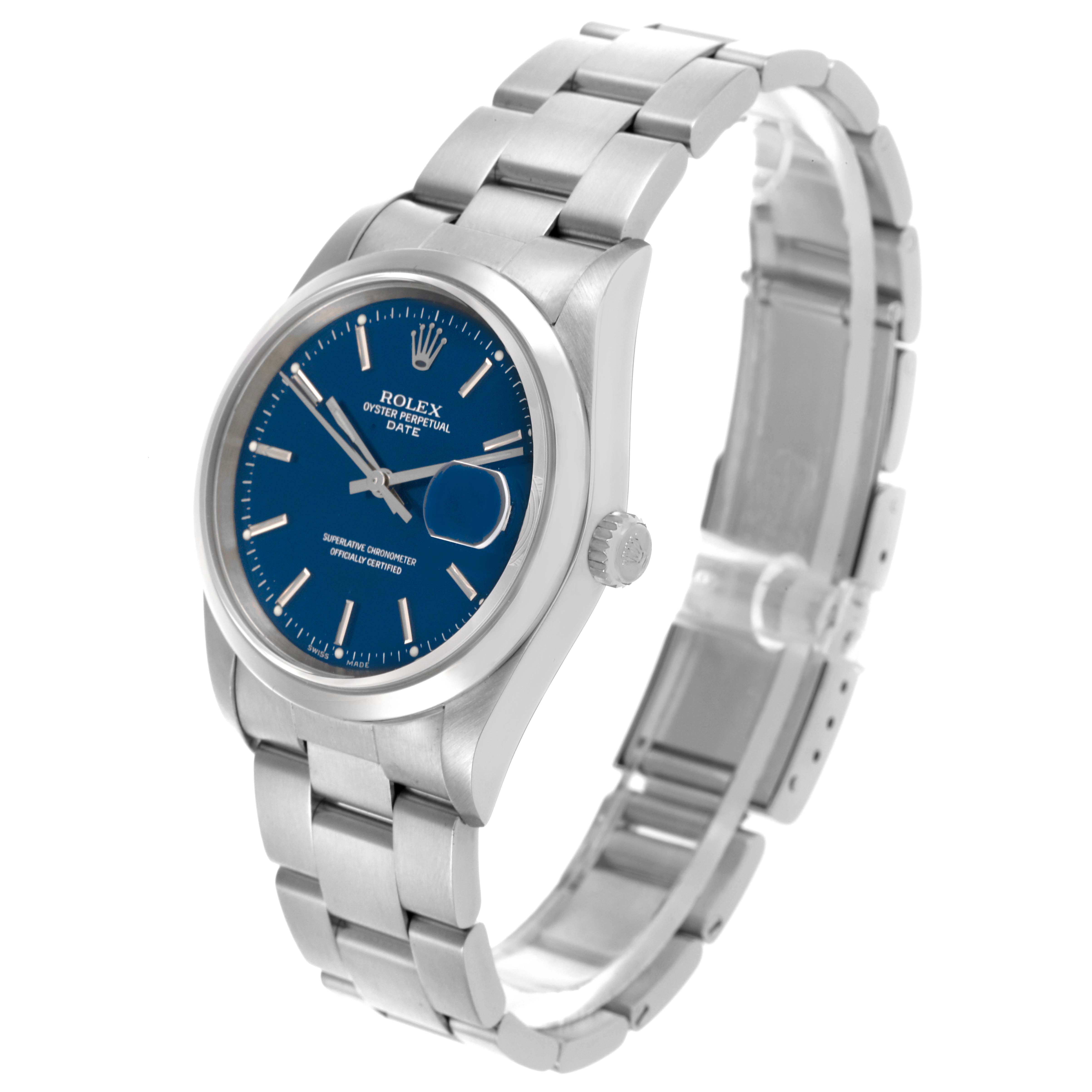 The Rolex Date 15200 Men's Stainless Steel Blue Dial 15200 Men's Stainless Steel Blue Dial model watch is shown at a slight angle, highlighting the blue dial, bracelet, case, and crown.