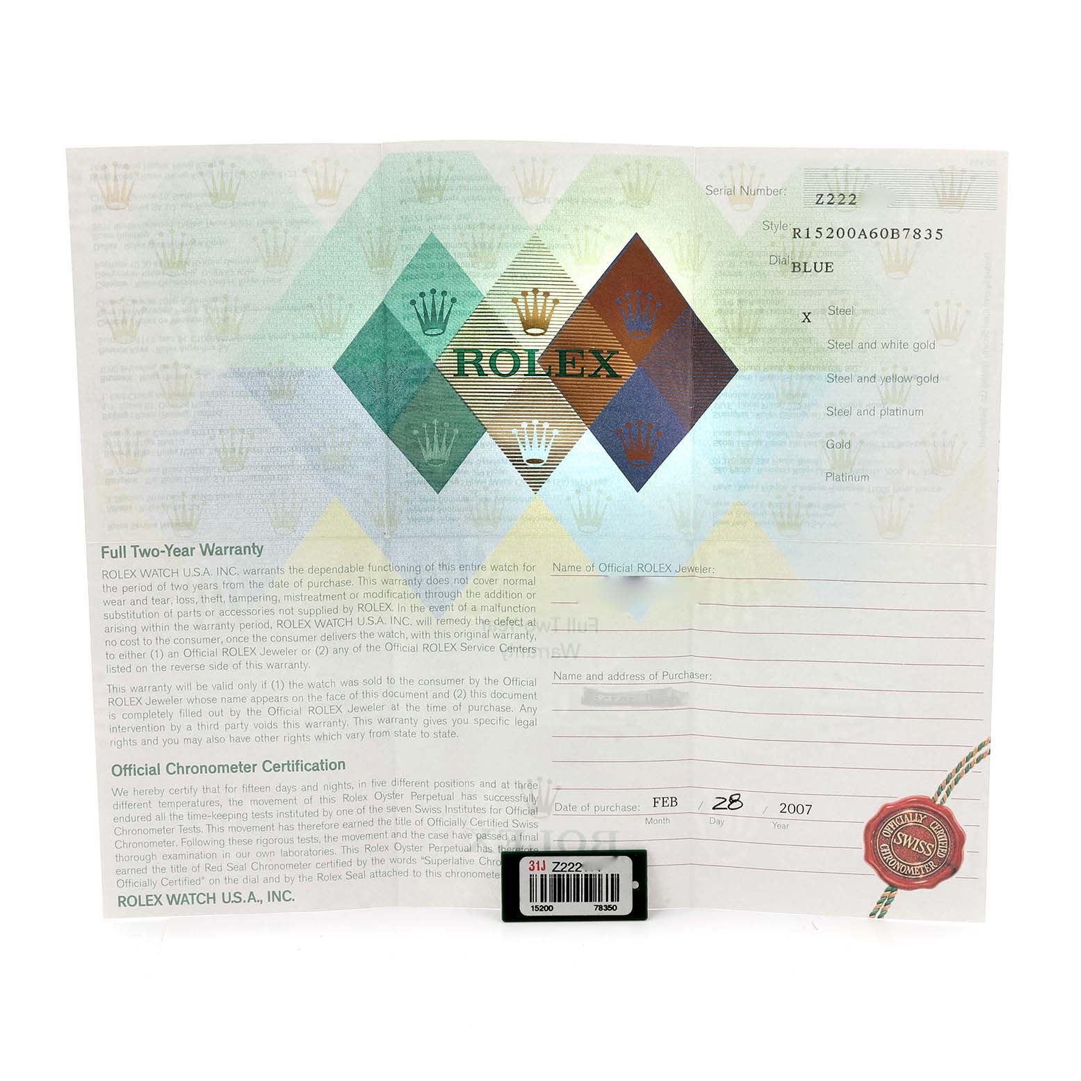 The image shows a warranty certificate and tag for a Rolex Date 15200 Men's Stainless Steel Blue Dial 15200 Men's Stainless Steel Blue Dial model watch from a top-down angle.