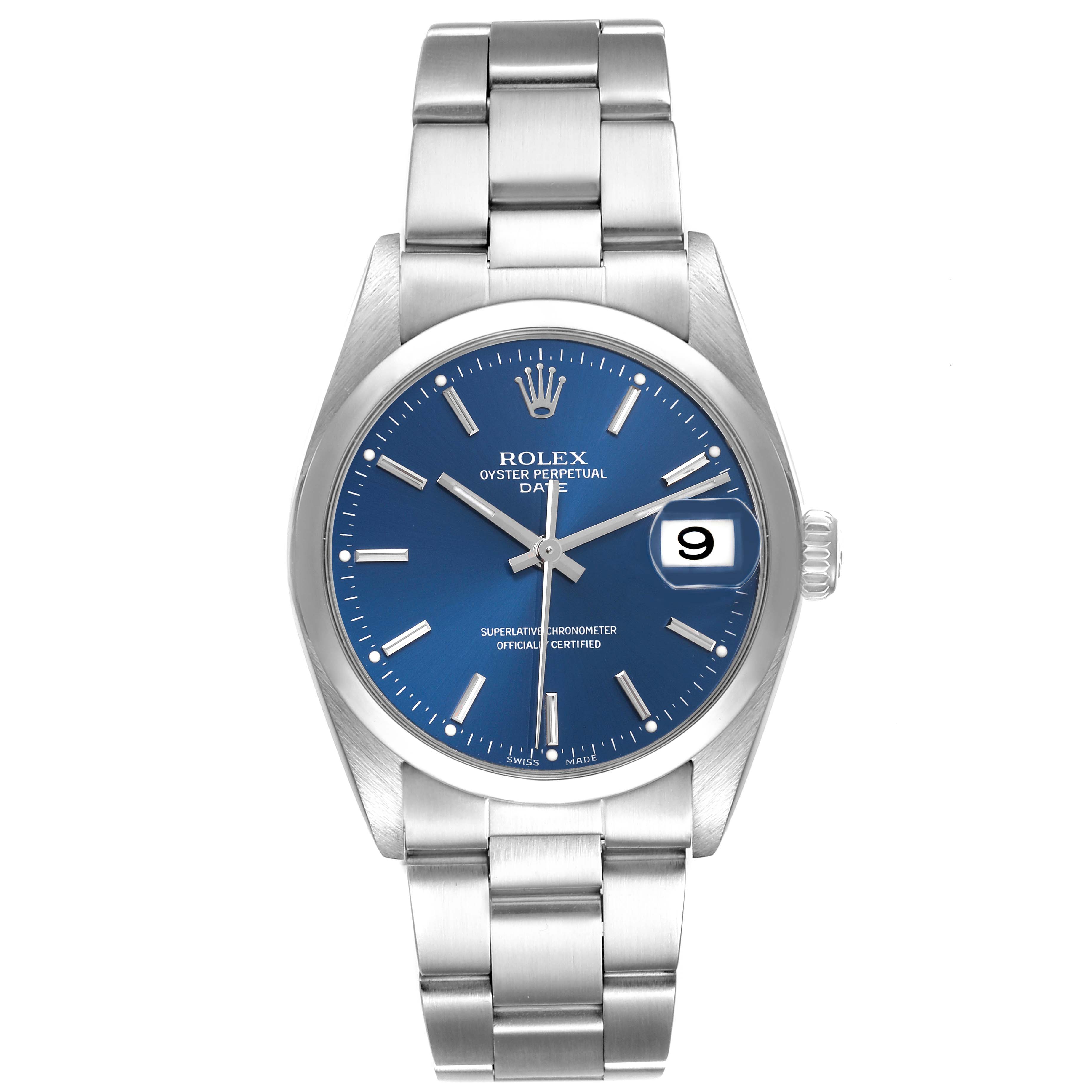 The Rolex Date 15200 Men's Stainless Steel Blue Dial 15200 Men's Stainless Steel Blue Dial watch is shown from the front, highlighting its blue dial, bracelet, and date feature.